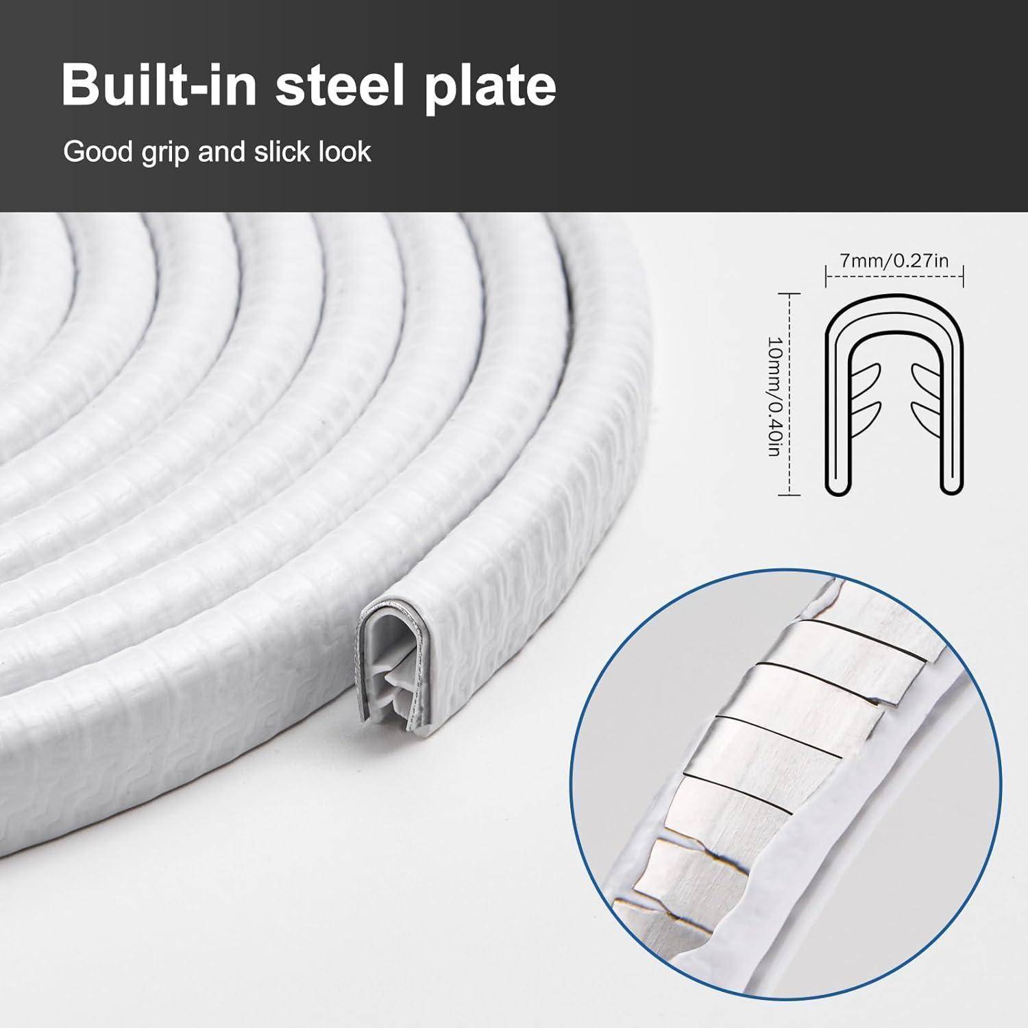 Weiße gewellte Schlauch mit eingebauter Stahlplatte, dargestellt mit Nahaufnahme-Detail und einem Größendiagramm mit der Bezeichnung 7 mm x 10 mm, wobei Griff und Form hervorgehoben werden.