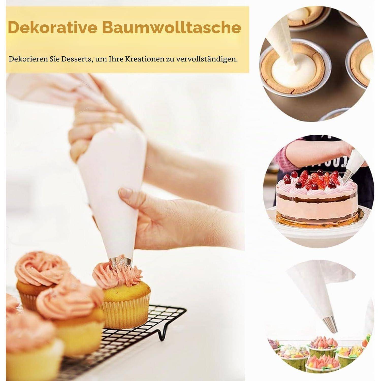 Werbebild für einen dekorativen Baumwoll-Spritzbeutel mit Aufnahmen von Händen, die Cupcakes und einen Kuchen mit Creme und Beeren verzieren.