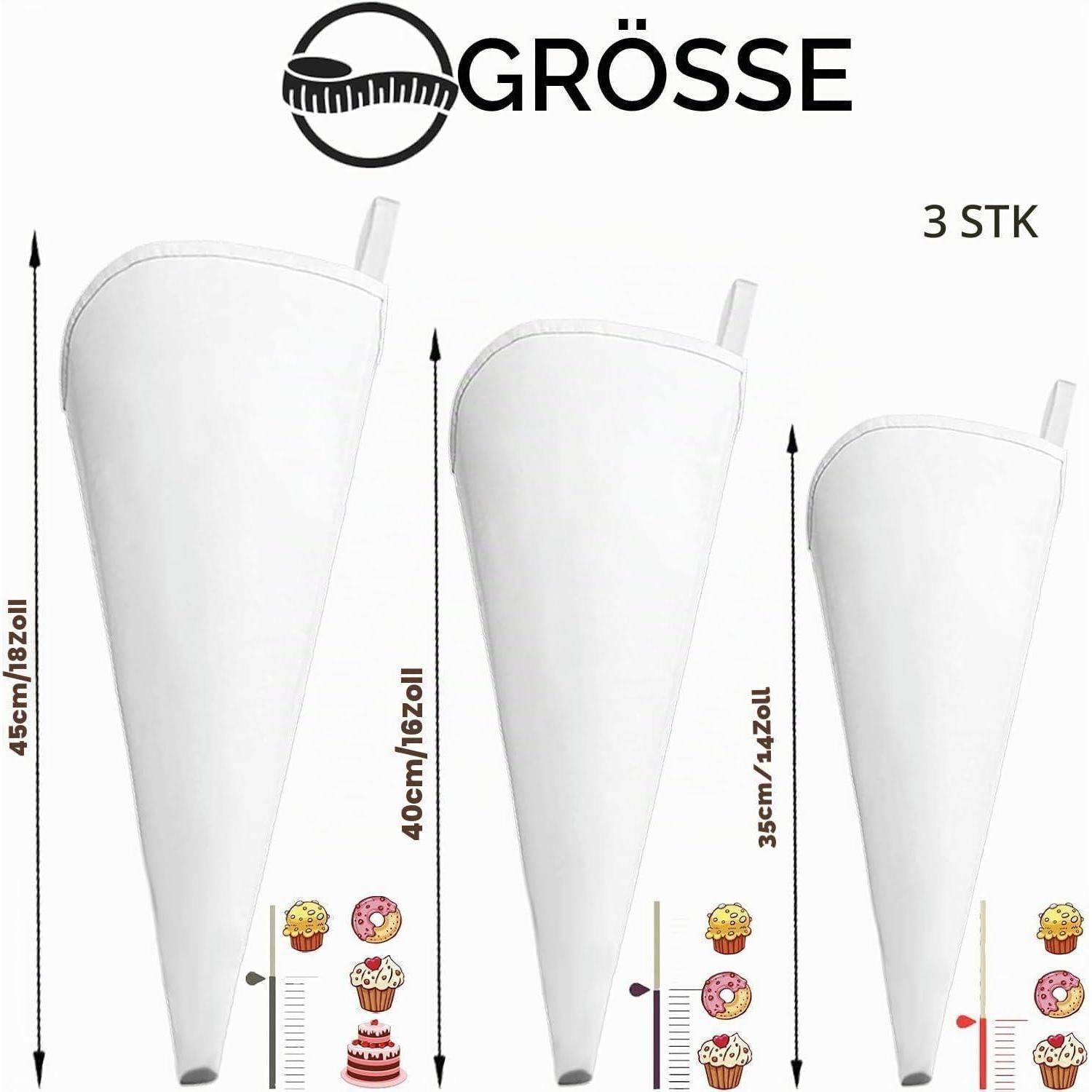 Größentabelle für 3 weiße kegelförmige Spritzbeutel: groß 45 cm, mittel 40 cm, klein 35 cm.