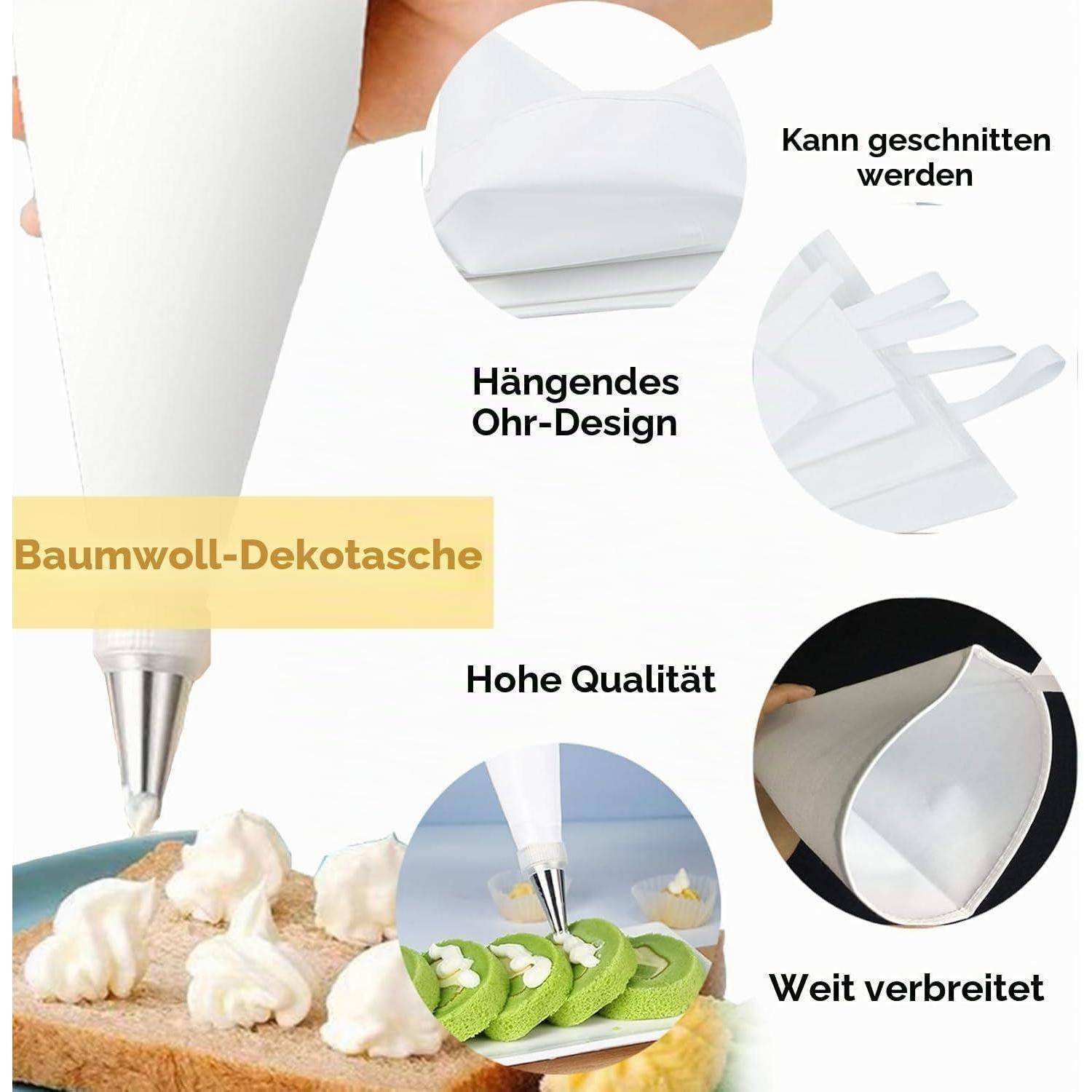 Infografik, die einen Baumwoll-Spritzbeutel zum Dekorieren von Kuchen zeigt, mit Hervorhebung des hängenden Ohrendesigns, abschneidbarer Spitze, hoher Qualität und breiter Anwendbarkeit.