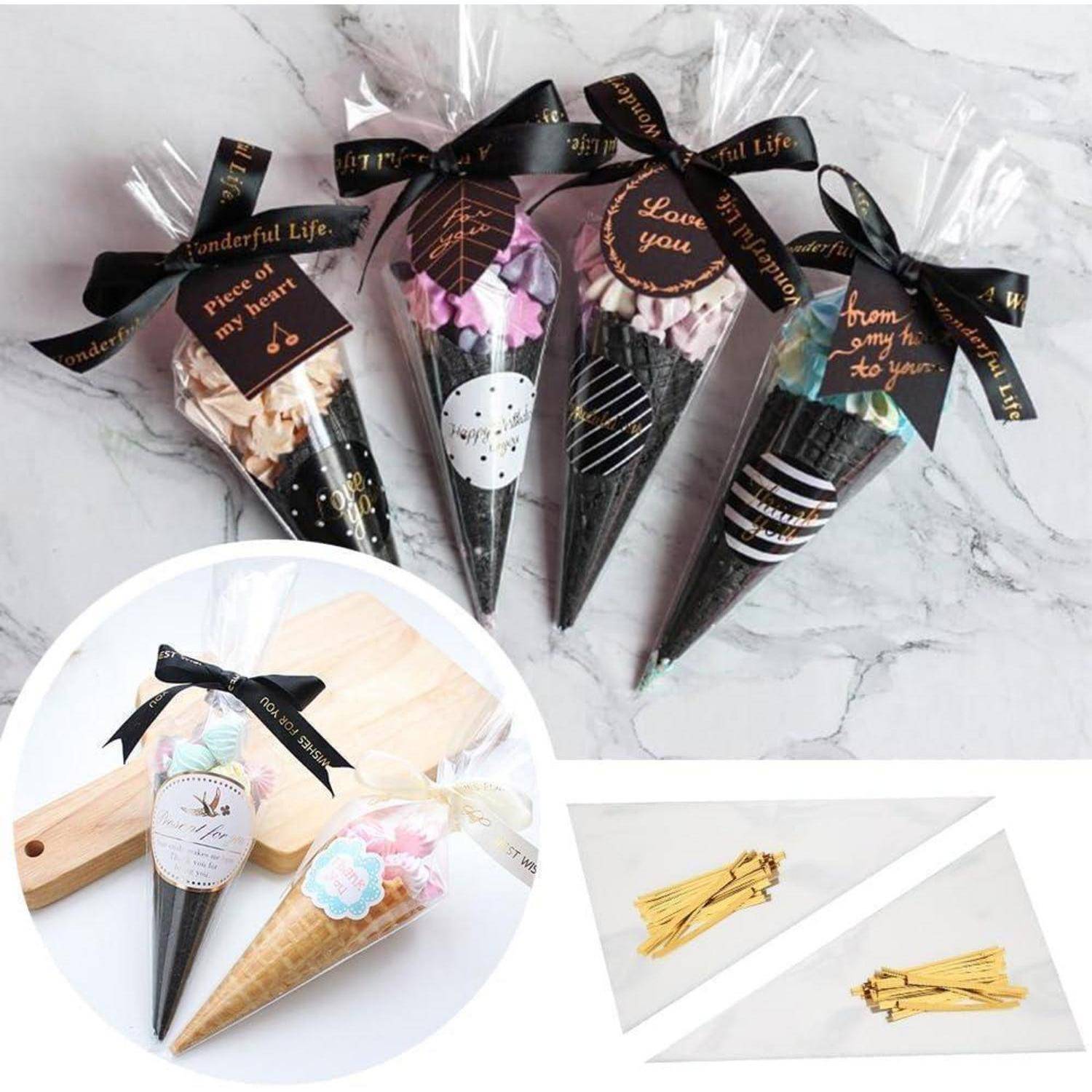 Sortierte Geschenkkegel gefüllt mit Süßigkeiten und Blumen, in durchsichtiger Kunststofffolie mit schwarzen Bändern und goldenen Buchstaben verpackt, gezeigt mit Verpackungsmaterialien und fertigen Beispielen.