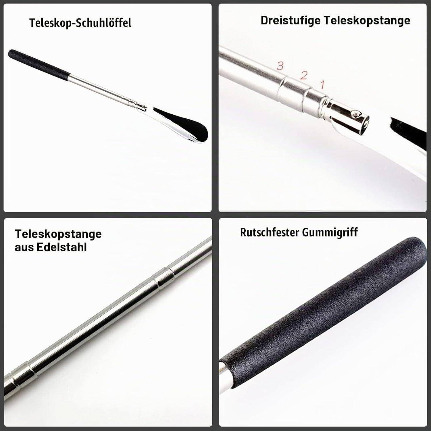 Teleskoplöffel mit dreiteiliger Griff aus Edelstahl und rutschfester Gummiauflage, beschriftet auf Deutsch.