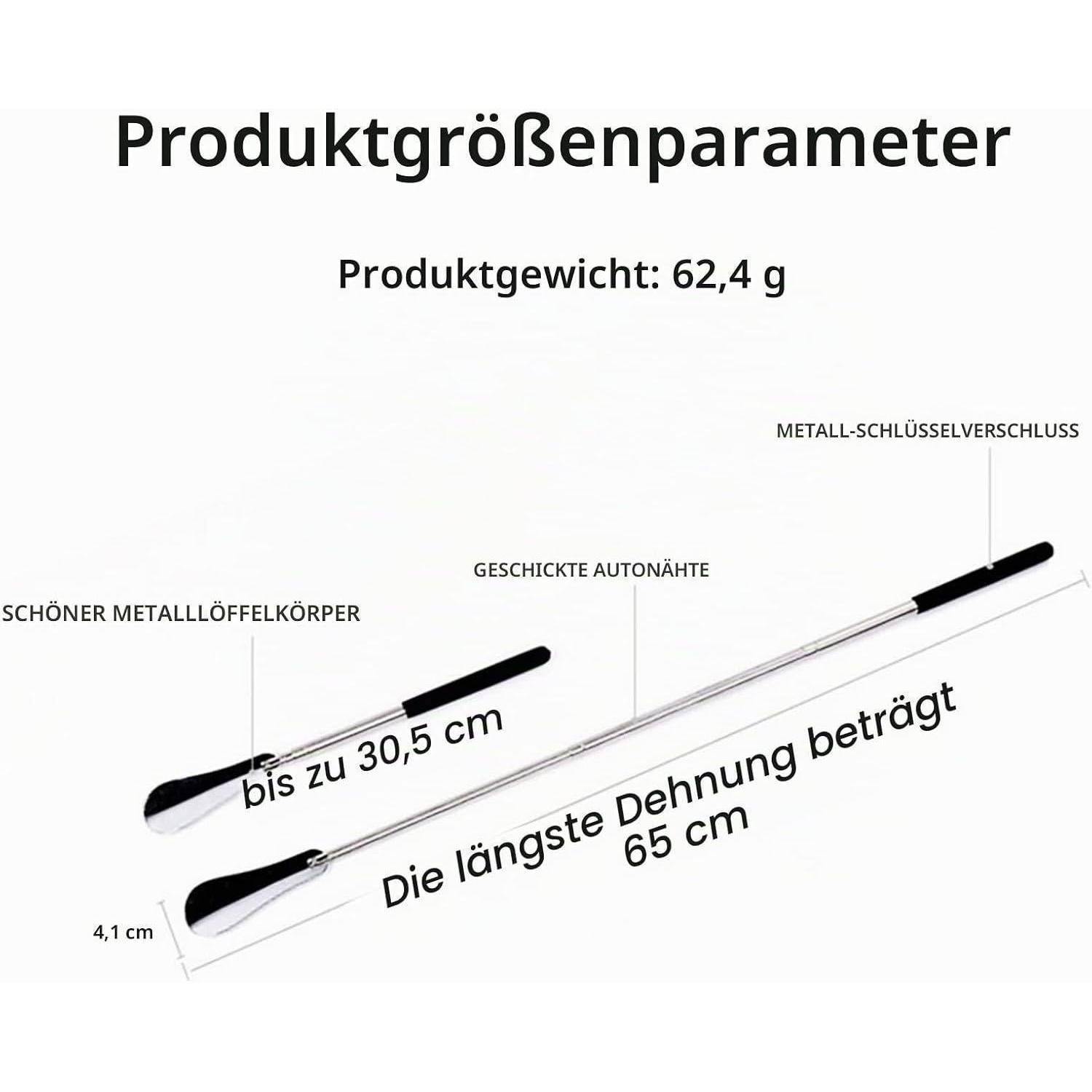Produktgrößenparameter Infografik für einen Metalllöffel: Gewicht 62,4 g, Länge bis zu 30,5 cm, maximale Streckung 65 cm, mit Metall-Schlüsselanhänger-Verschluss und genähten Nähten.