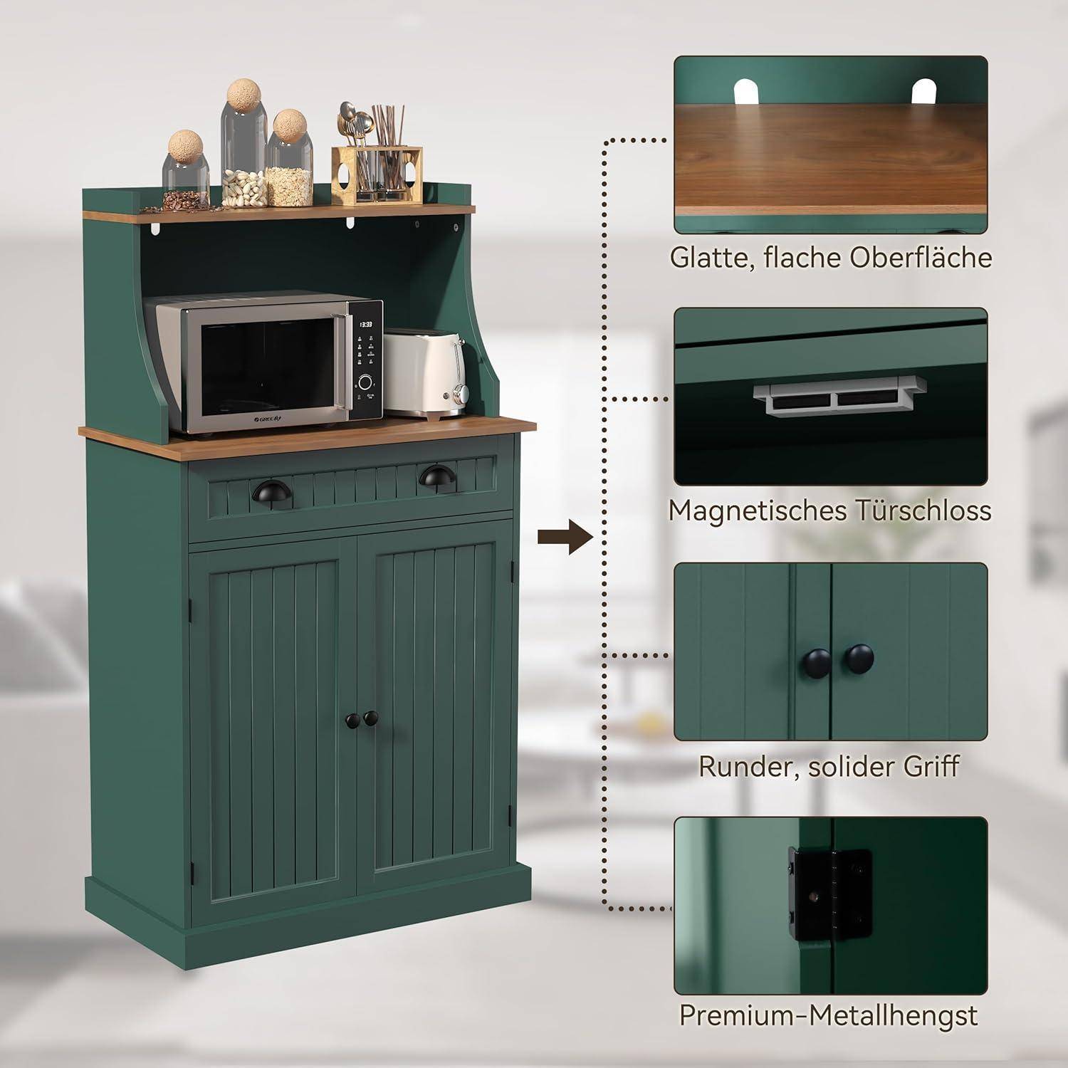 Grünes Küchenbuffet mit Mikrowelle und Toaster; Beschriftungen heben glatte Oberfläche, magnetischen Türverschluss, runden massiven Griff und hochwertige Metallscharniere hervor.