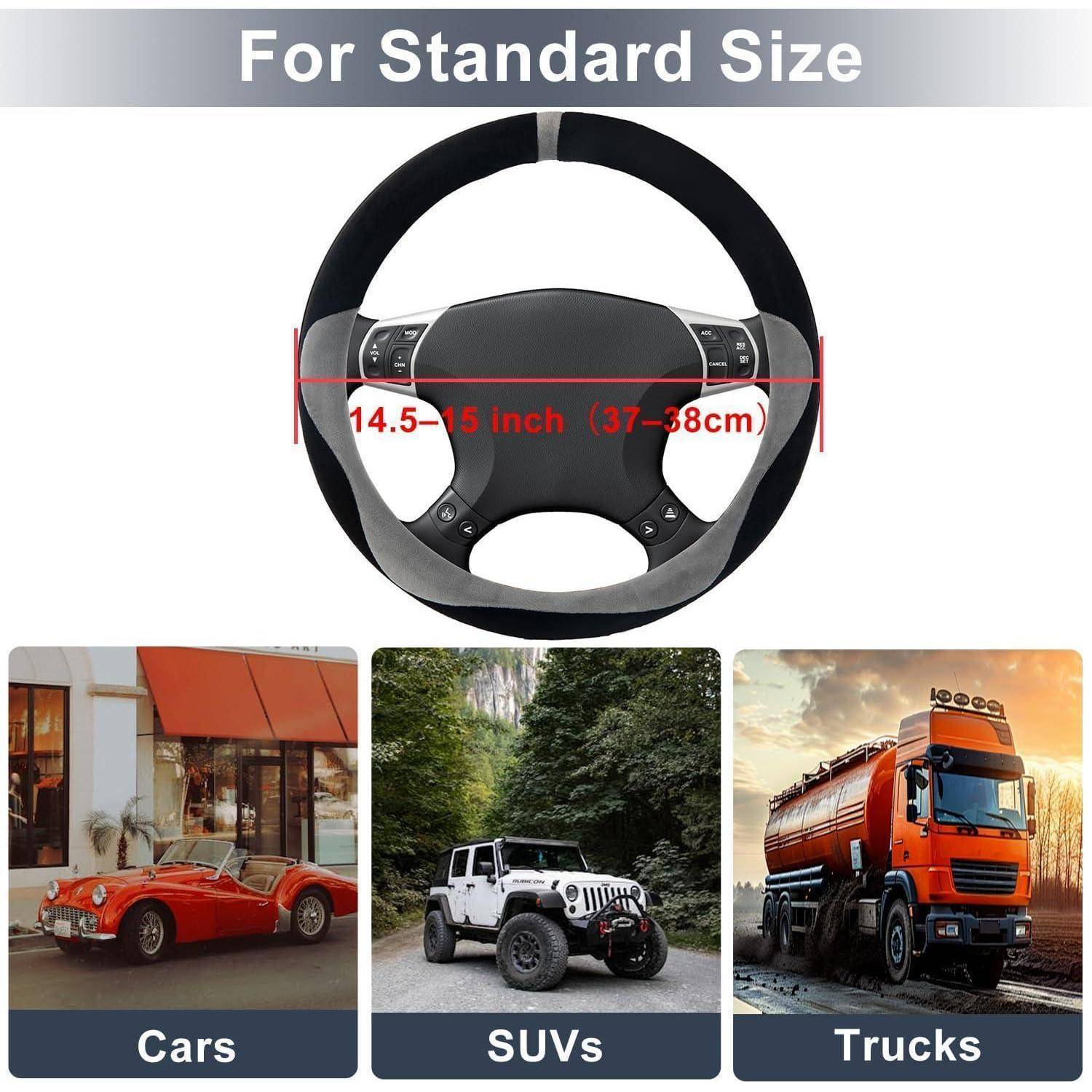 Lenkradabdeckung in der Größe für Standard-Lenkräder von 14,5–15 Zoll (37–38 cm), mit Beispielen für Autos, SUVs und Lastkraftwagen.