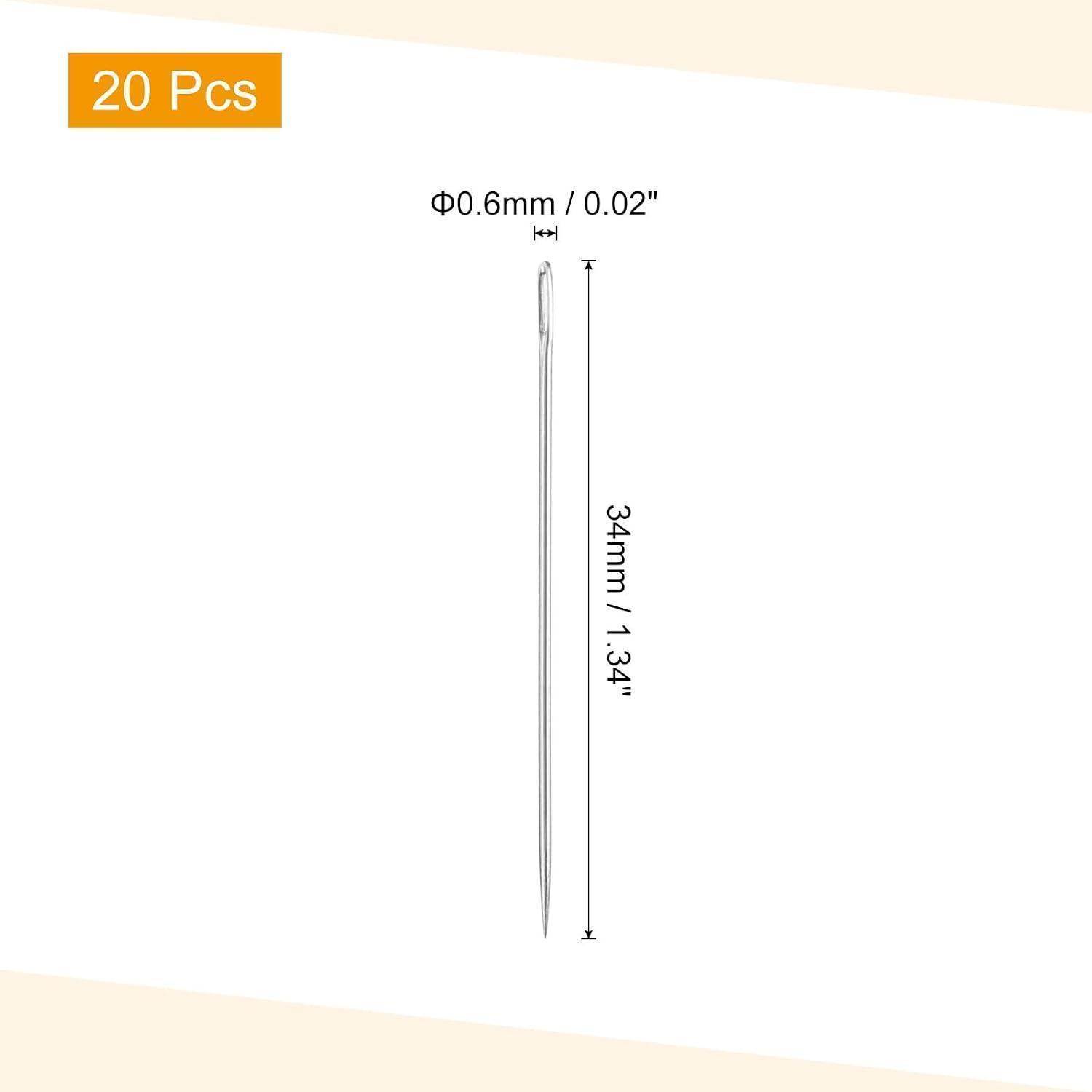 20-teiliger Satz aus Metallnähnadeln, gezeigt mit Abmessungen: 0,6 mm Durchmesser und 34 mm Länge.
