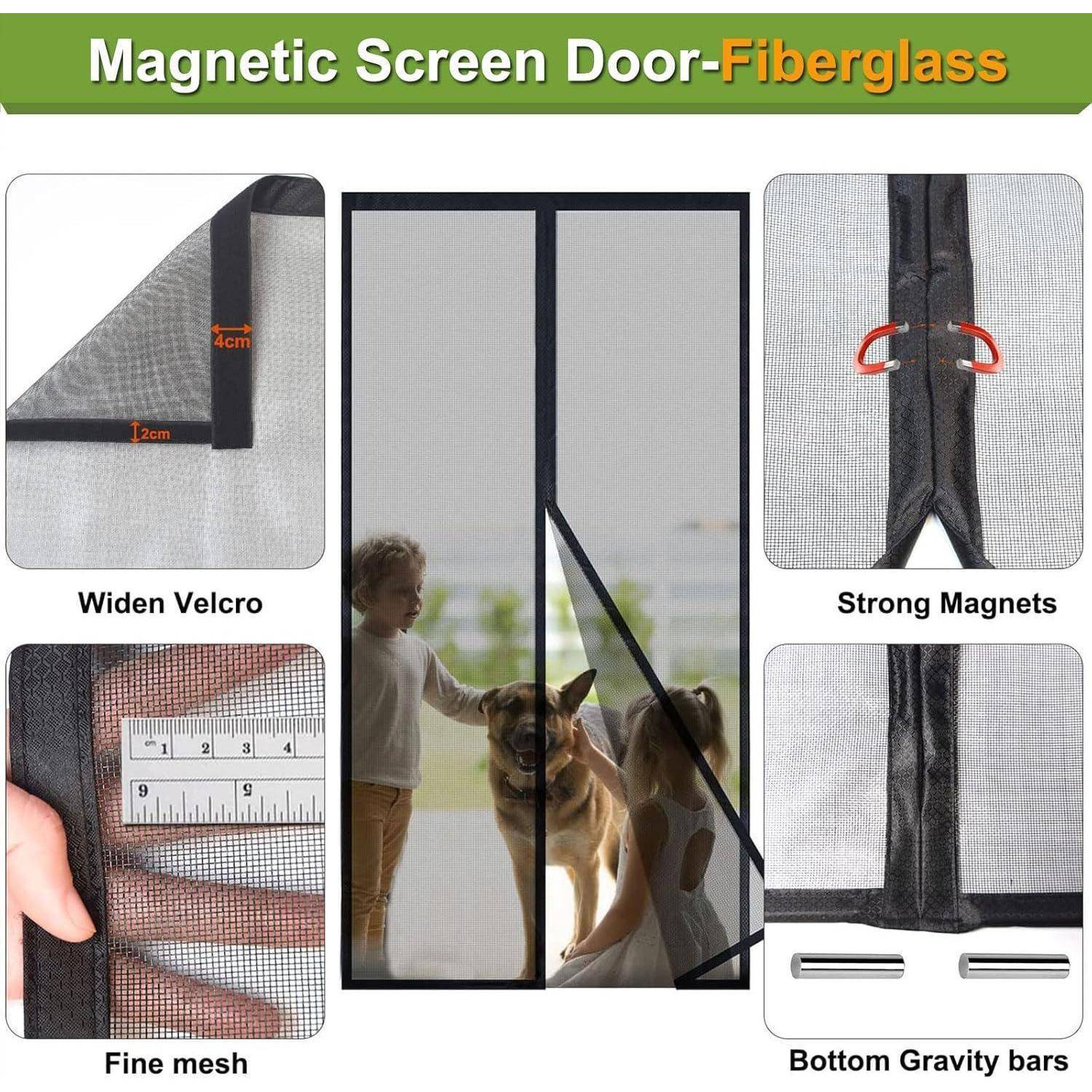 Infografik einer magnetischen Fiberglas-Fliegengittertür mit breitem Klettband, starken Magneten, feinem Maschengewebe und Bodygravitationsstangen, mit Kindern und einem Hund hinter der Tür.