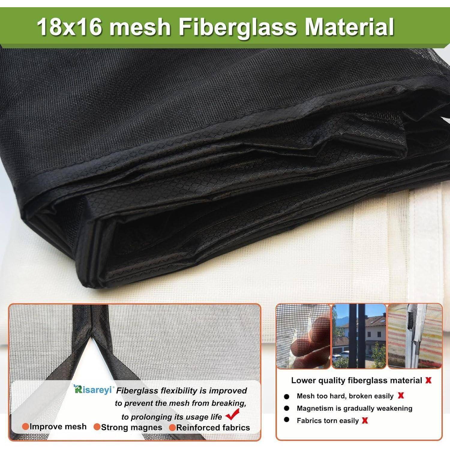 Gefalteter schwarzer 18x16 Mesh-Glasfaserstoff mit eingefügten Legenden, die verbesserte Flexibilität, stärkeres Mesh und Beispiele von Material minderer Qualität zeigen.