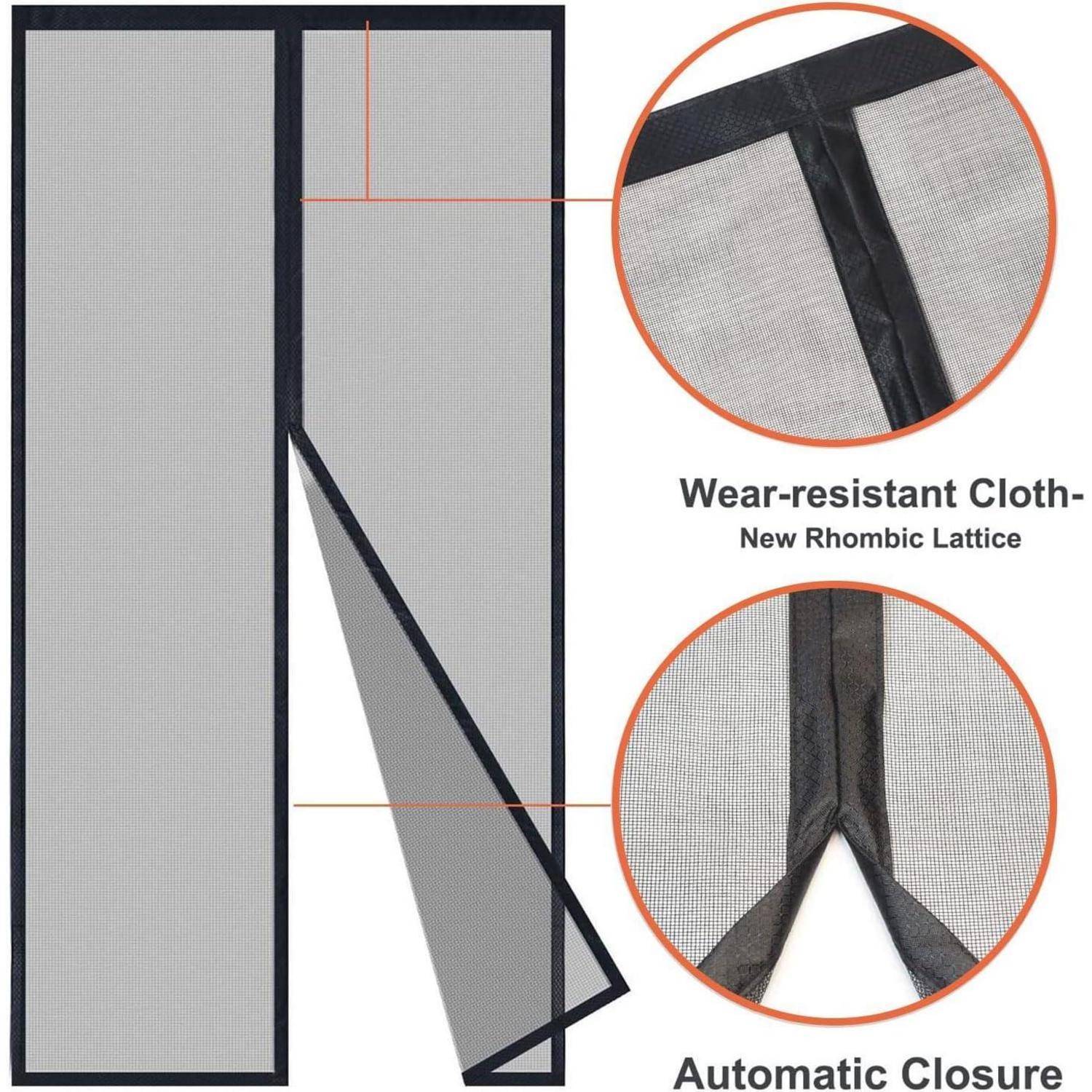 Produktdiagramm einer schwarzen Maschenfliegengittertür mit magnetischer/automatischer Schließung, mit Nahaufnahmen, die verschleißfestes Tuch und rautenförmige Gitternaht hervorheben.