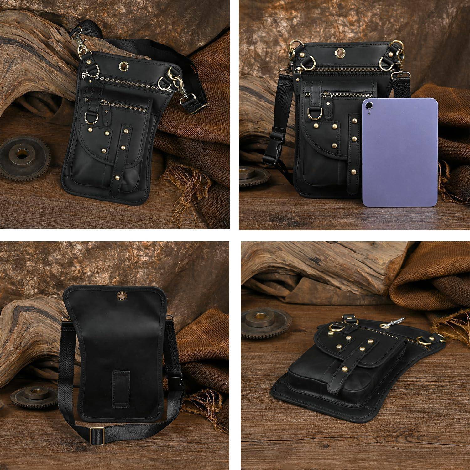 Schwarze Ledertasche zum Umhängen, gezeigt aus mehreren Blickwinkeln, mit Vorderklapptaschen, Messinghardware, verstellbarem Riemen und violettem Tablet zum Größenvergleich.