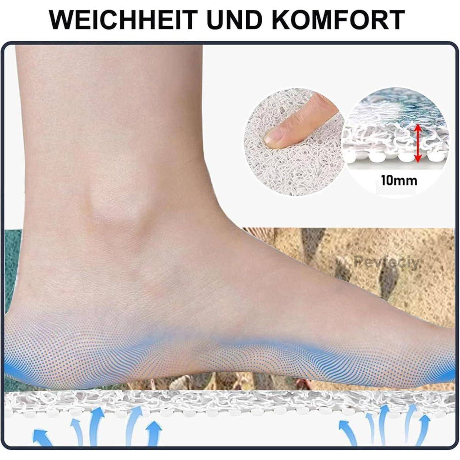 Werbung für eine gepolsterte Schuheinlage, die einen Fuß auf einer 10 mm dicken, weichen, atmungsaktiven Auflage zeigt, beschriftet mit „WEICHHEIT UND KOMFORT