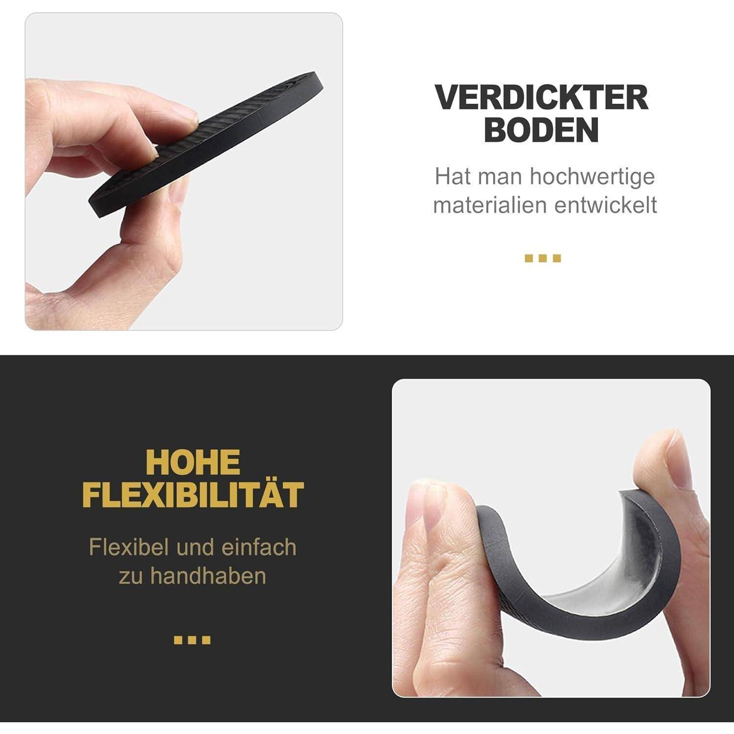 Infografik zeigt ein schwarzes verdicktes Gummi-/Materialmusters mit Beschriftungen „Verdickter Boden