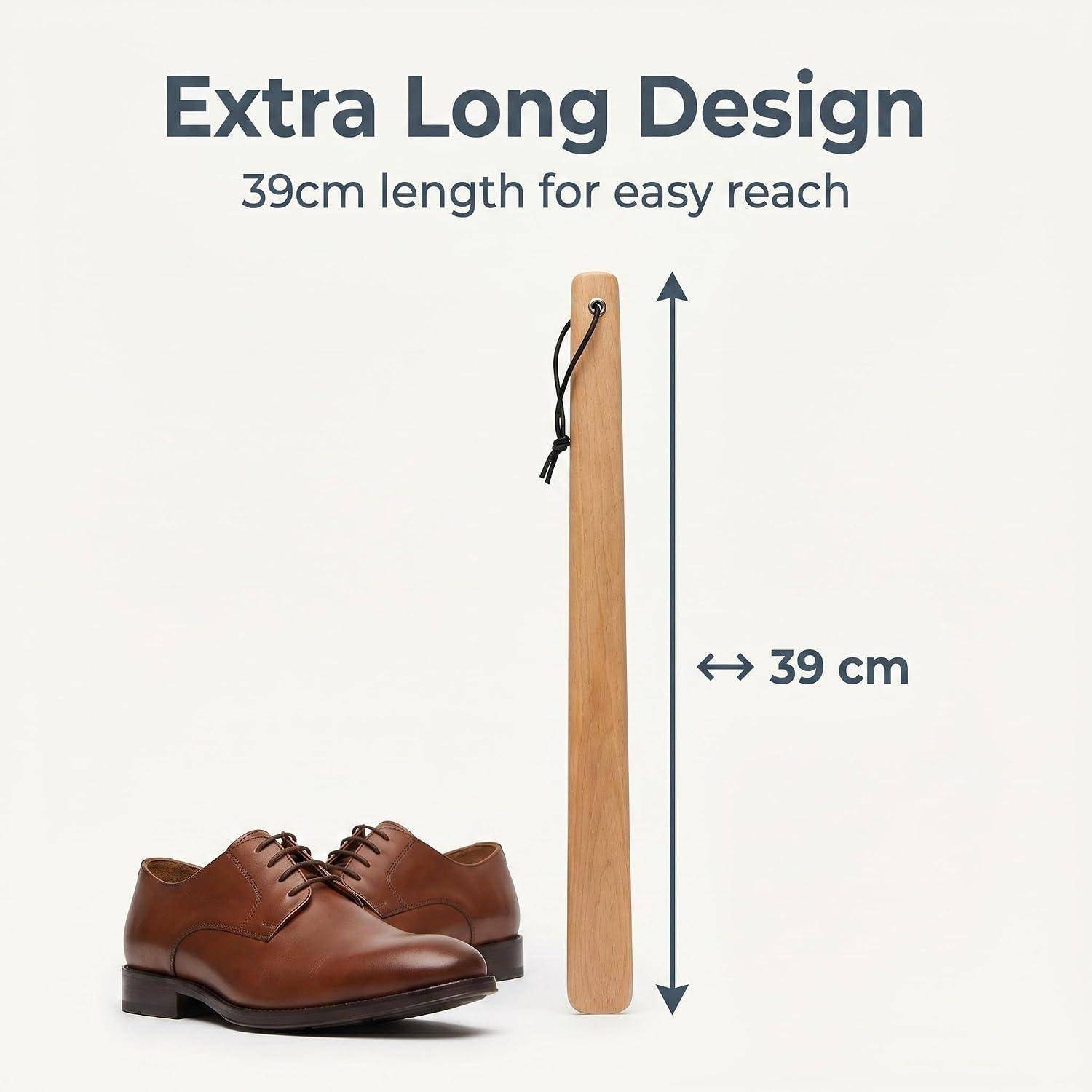 Schuhanzieher-Produktbild, das ein besonders langes Holzdesign mit „39 cm Länge für einfache Erreichbarkeit