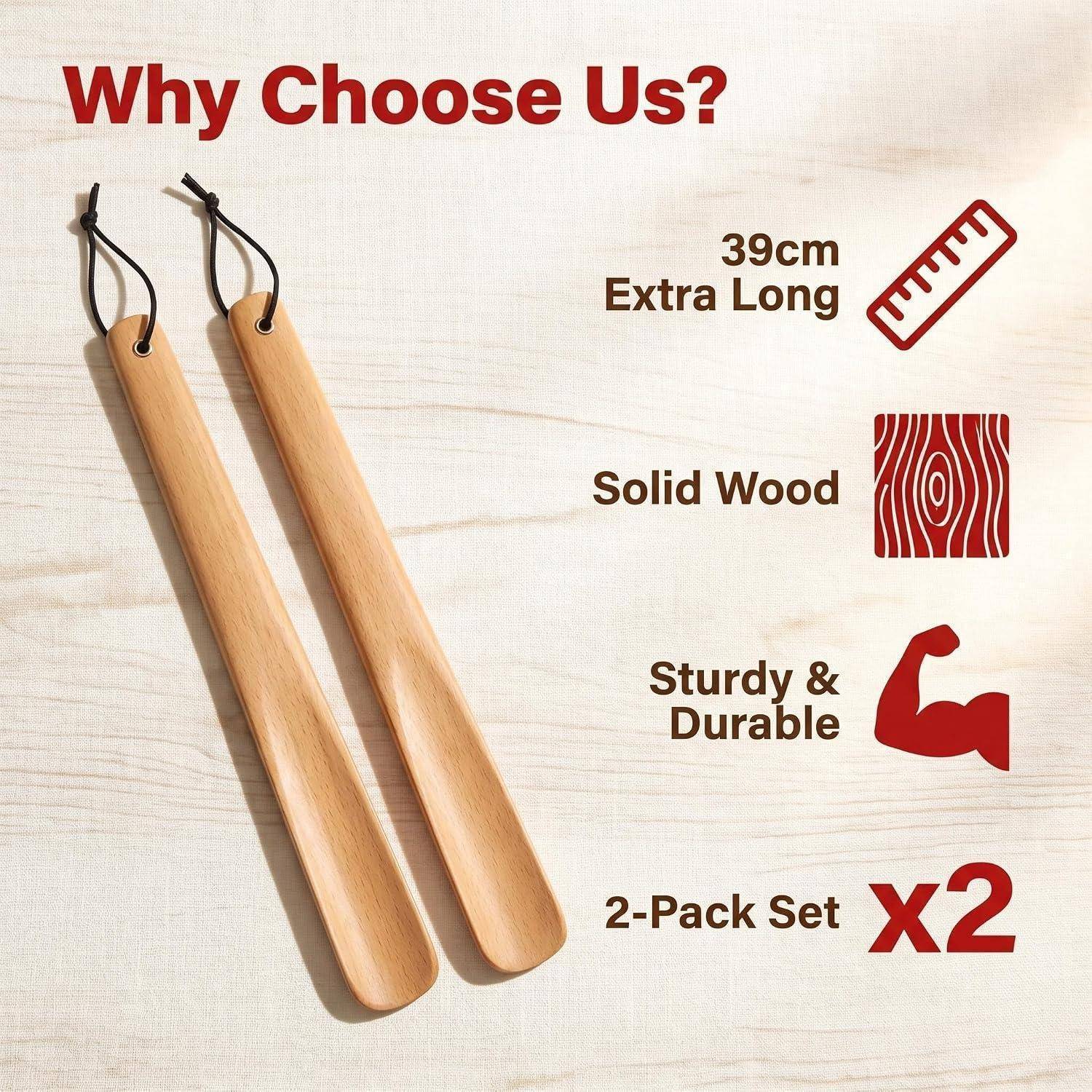 Produkt-Promotion für zwei Holzgriffe: 'Warum uns wählen?' 39 cm extra lang, massives Holz, robust und langlebig, im 2er-Pack erhältlich.
