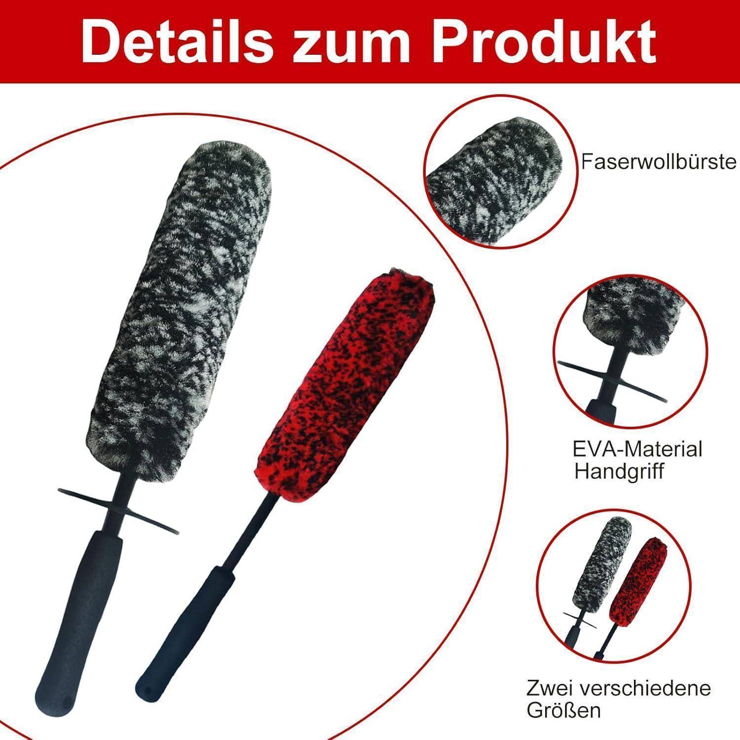 Deutsches Produktdetailbild zeigt eine Autoreinigungsbürste mit Faserbürsten und EVA-Griffgriff, erhältlich in zwei Größen und in den Farben Rot oder Grau.