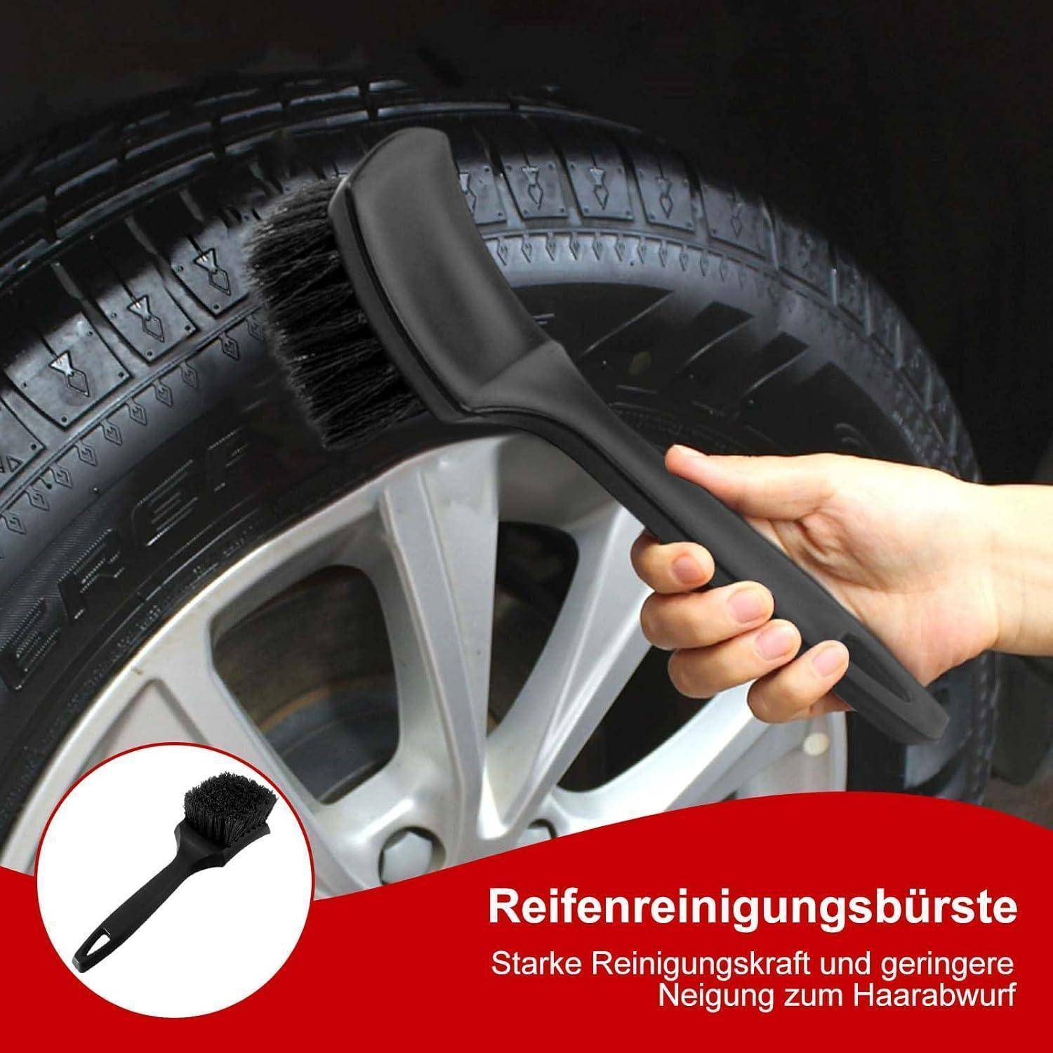 Handwerkzeuge zum Reinigen von Autoreifen und Felgen mit einer Bürste; Der deutsche Text lautet „Reifenreinigungsbürste