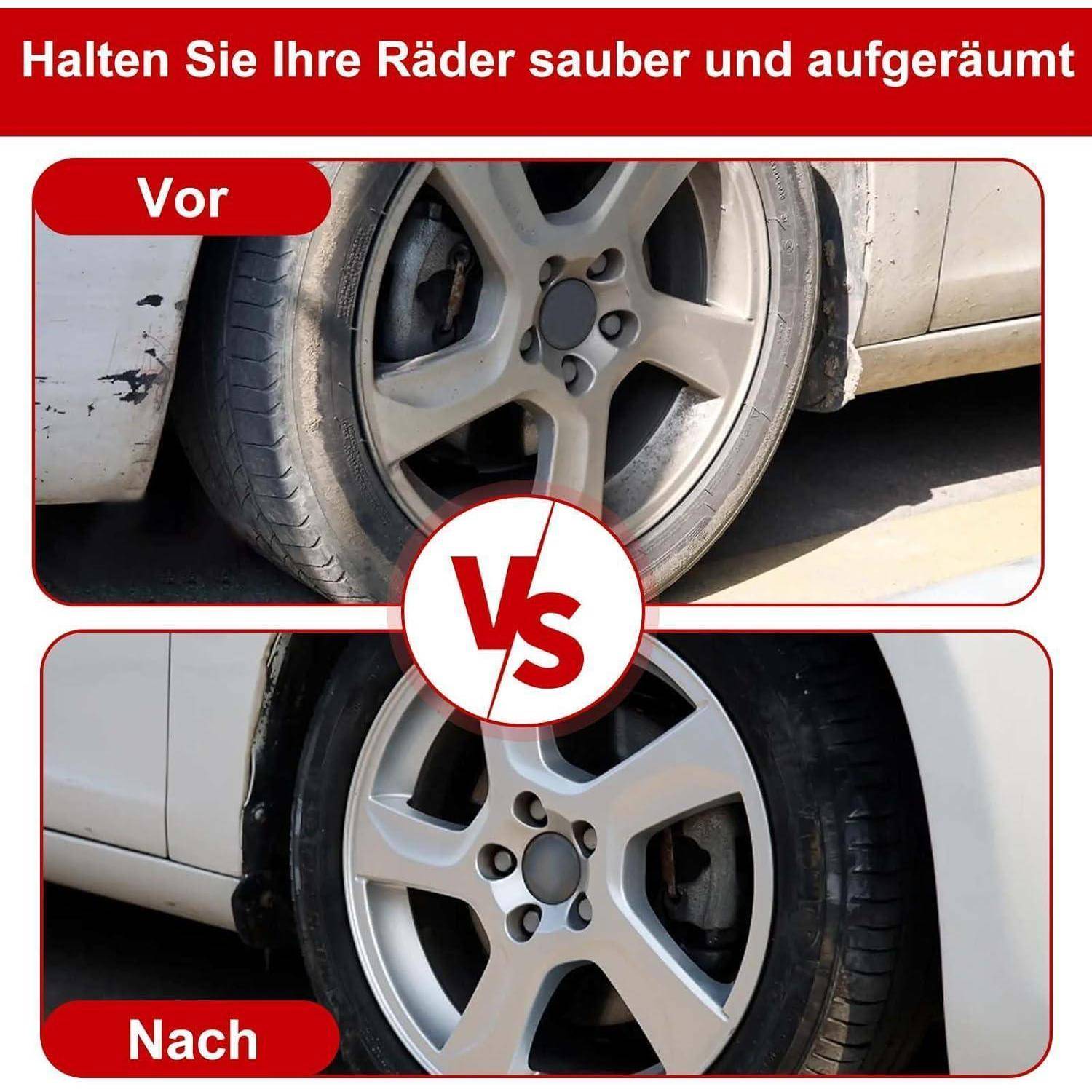 Vorher-und-nachher-Vergleich eines Autoreifens: verschmutzte, bespritzte Felge mit der Bezeichnung „Vor