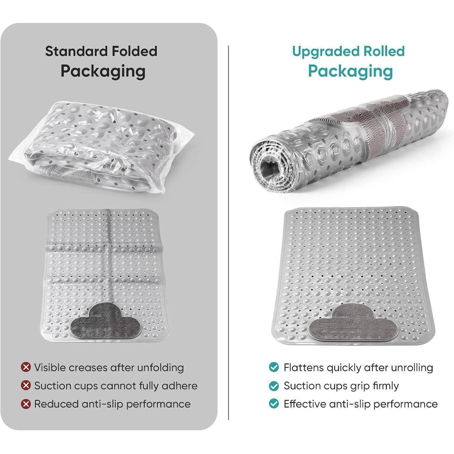 Nebeneinander-Vergleich der Standardverpackung mit Faltung und der verbesserten Verpackung mit Rolle; die gefaltete Version zeigt Knicke, schlechte Haftung und geringere Rutschfestigkeit, während die gerollte Version sich glatt abflacht und fest haftet.