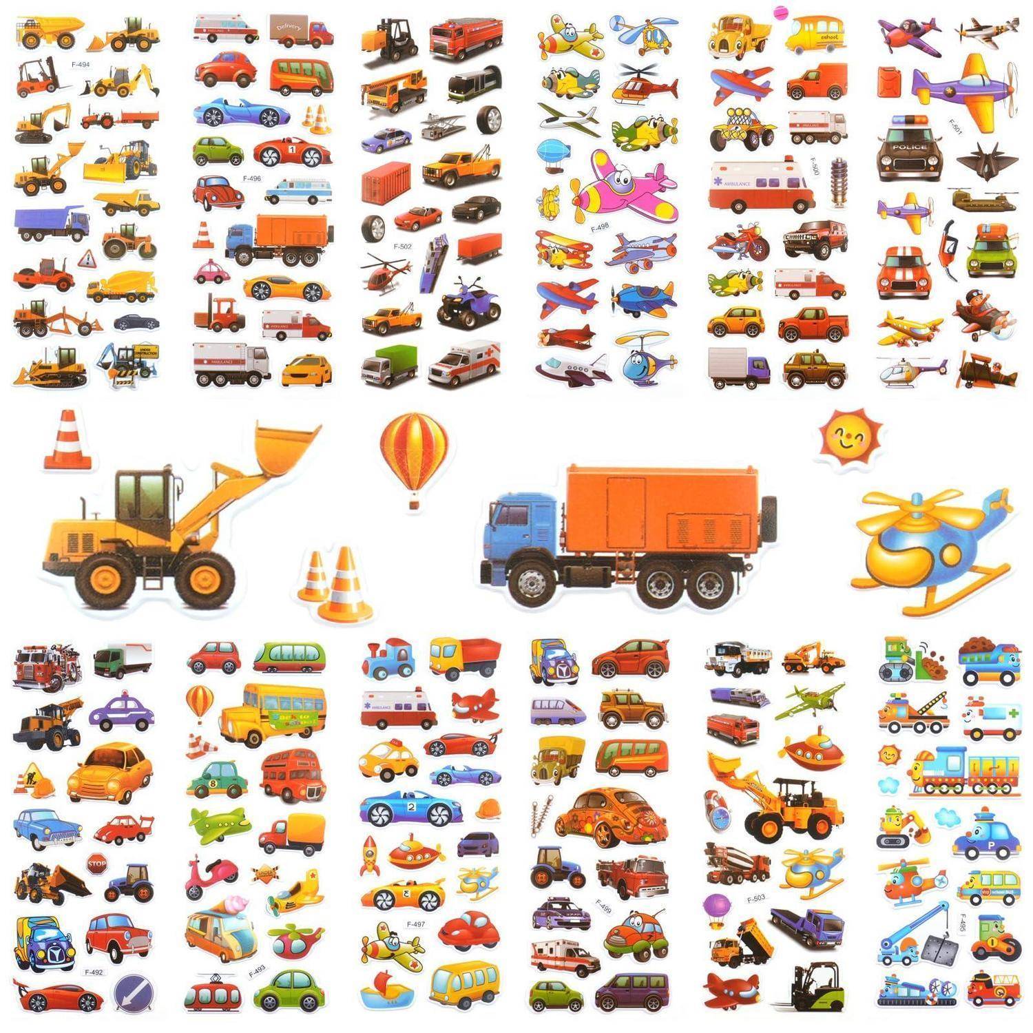 Collage mit farbenfrohen Transportfahrzeugen, darunter Autos, Lastkraftwagen, Busse, Baumaschinen, Hubschrauber, Flugzeuge, Boote, Züge und Roller.