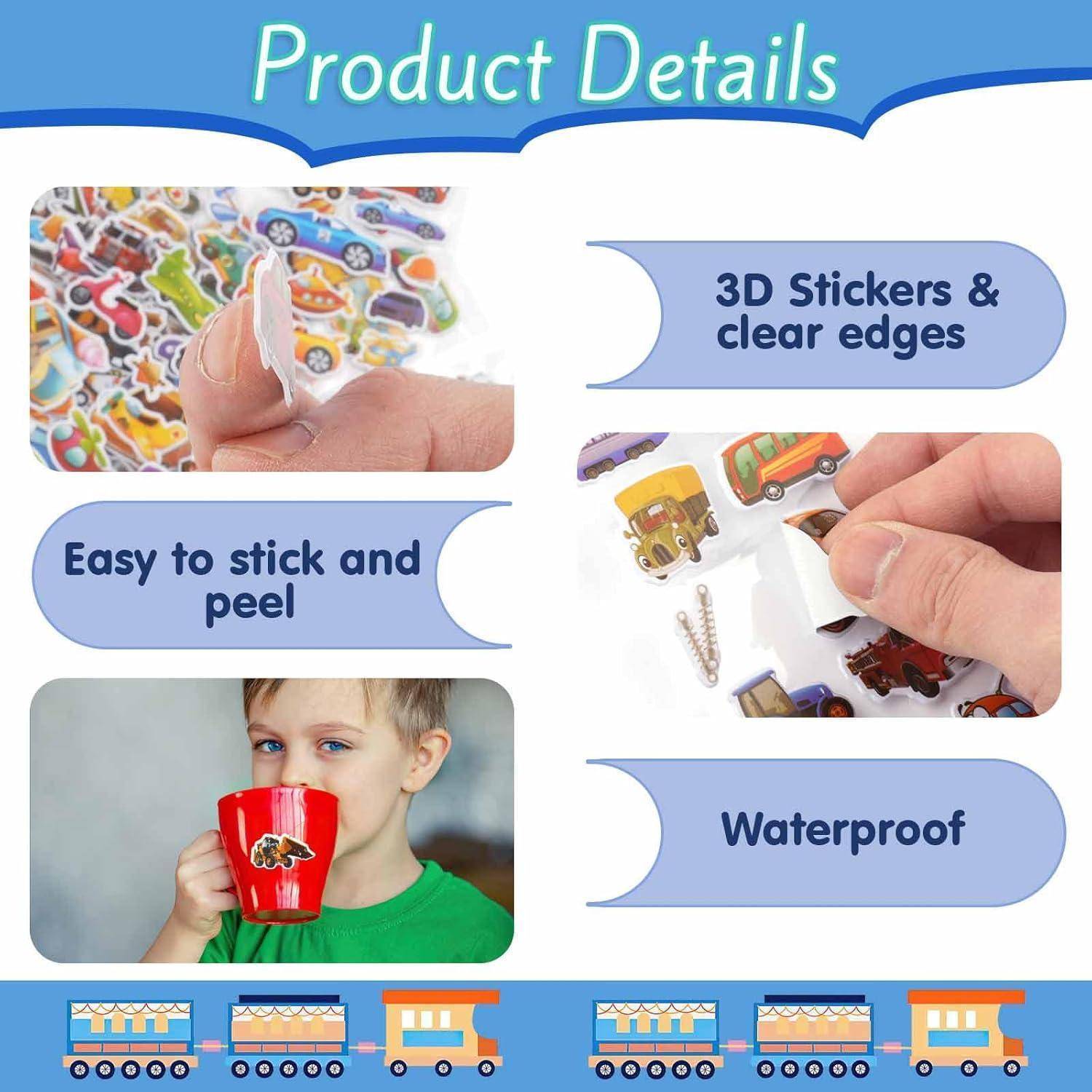 Produktdetails-Grafik, die zeigt, dass Aufkleber leicht anzubringen und abzuziehen sind, 3D mit klaren Kanten und wasserfest, illustriert mit Händen, die Aufkleber anbringen, und einem Kind, das einen beklebten Becher benutzt.