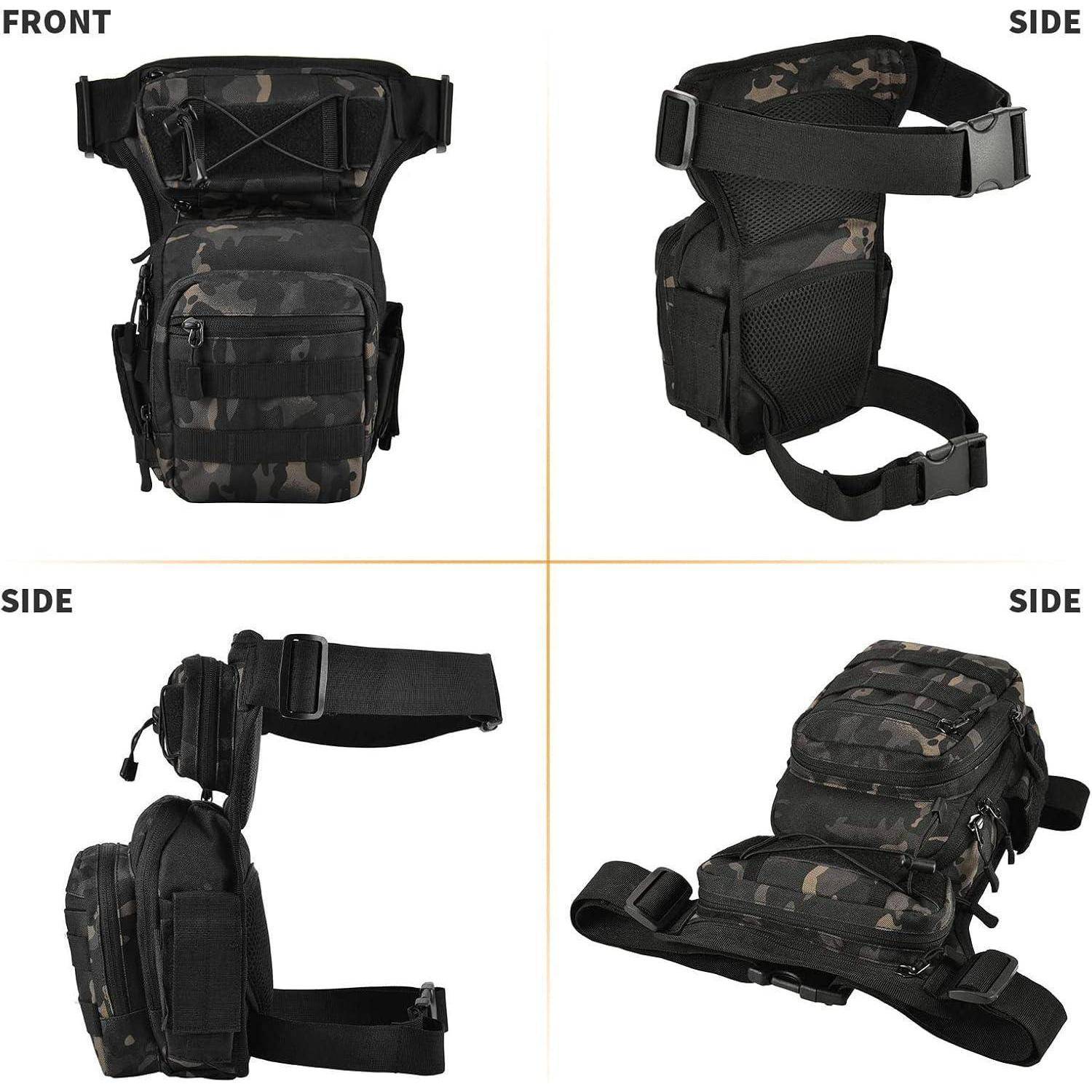 Vier Ansichten eines schwarzen Tarn-Taktik-Hüftrucksacks mit verstellbaren Riemen und Reißverschlusstaschen, gezeigt von vorne, von der Seite und getragen an einem Gürtel.