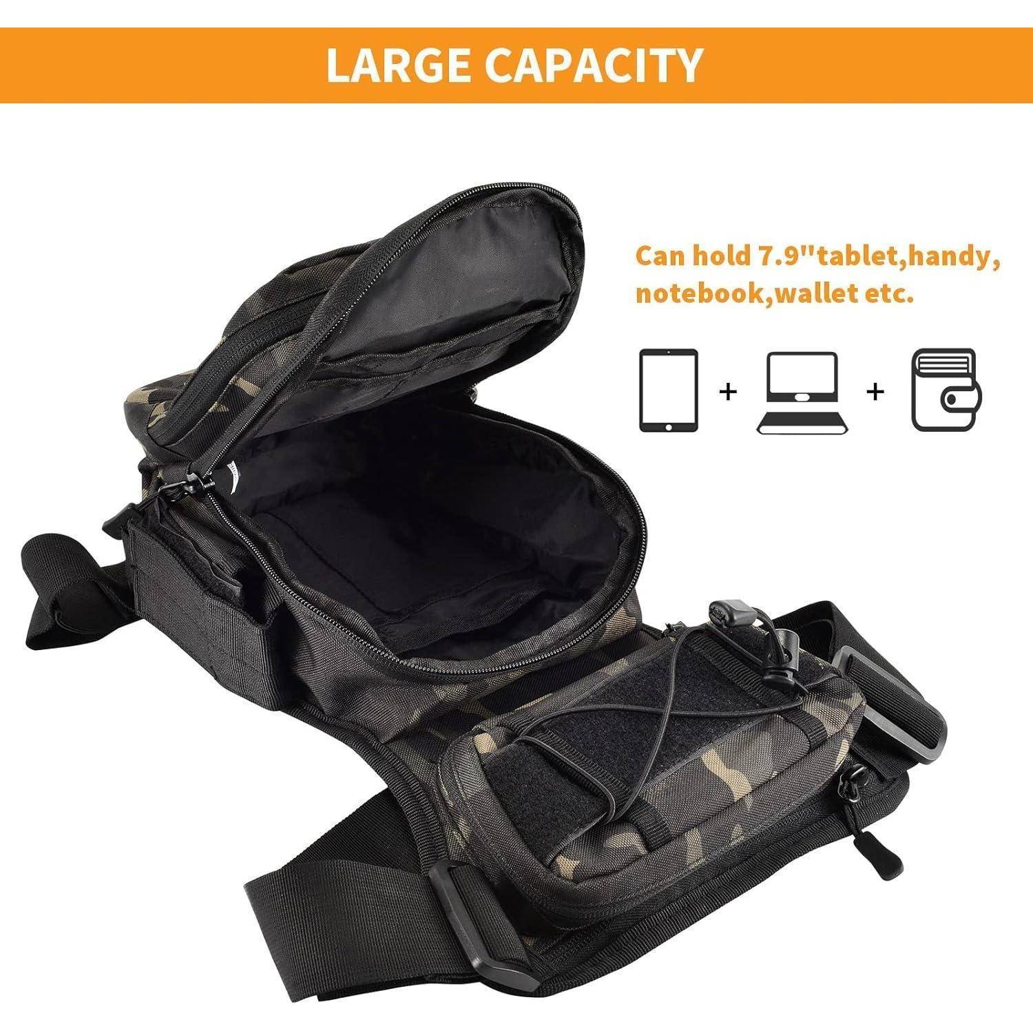 Schwarze Gürteltasche, offen dargestellt, mit der Bezeichnung „LARGE CAPACITY"; der Text besagt, dass sie ein 7,9-Zoll-Tablet, Telefon, Notizbuch und Geldbörse aufnehmen kann.