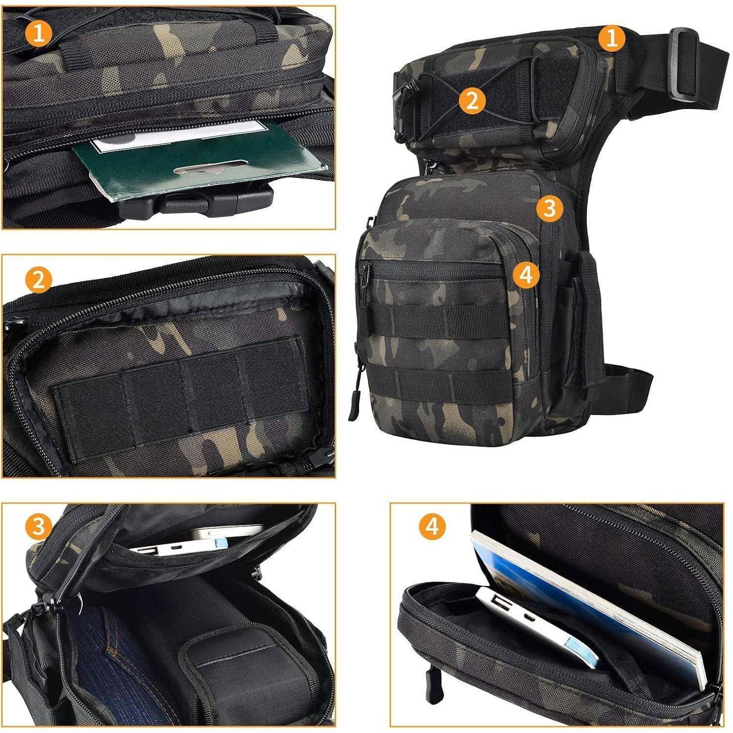 Taktische Camouflagebeinstasche mit vier nummerierten Reißverschlussfächern und Taschen zum Tragen von Telefon, Geldbörse und kleinen Gegenständen.
