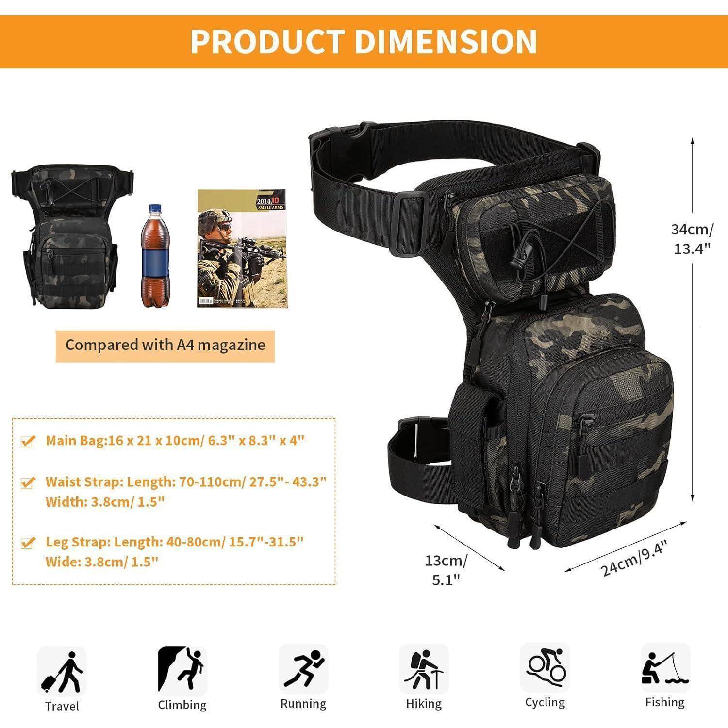Produktdimensionsdiagramm für eine Camouflage-Bauchtasche mit einer Größe von 34 cm Höhe, 24 cm Breite, 13 cm Tiefe, mit Riemenmaßen und Verwendungszwecken für Reisen, Klettern, Laufen, Wandern, Radfahren und Angeln.