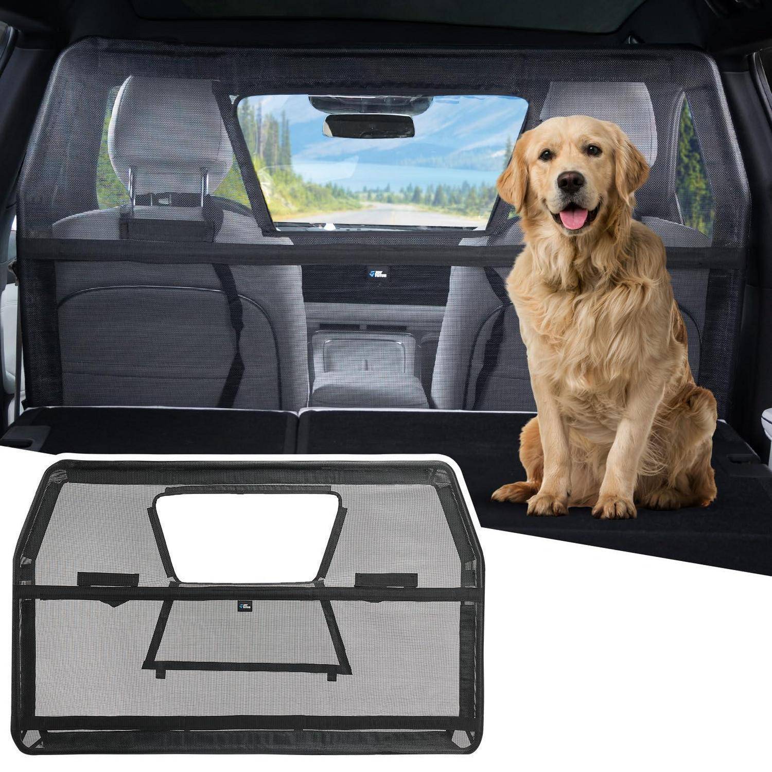 Golden Retriever sitzt in einem Autoladeraum neben einer Rücksitz-Haustierbarriere; die Inschrift zeigt das installierte Gitterbarriere-Produkt in einem Fahrzeug.