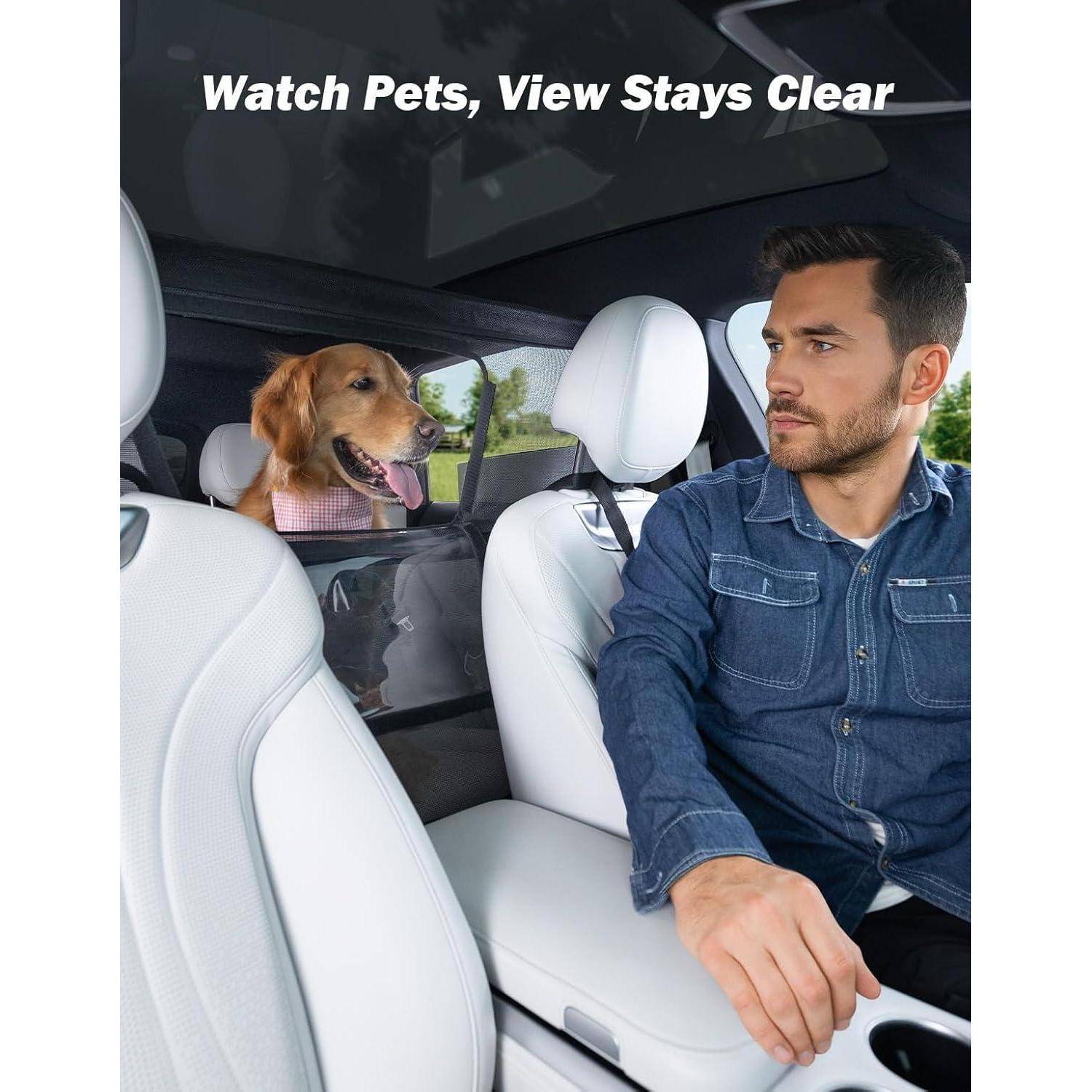 Mann im vorderen Autositz blickt auf einen Hund hinten; Text lautet „Watch Pets, View Stays Clear