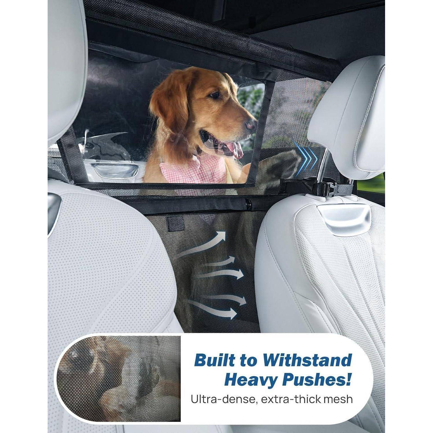 Golden Retriever in einem Auto, gesehen durch eine hintere Ladeplatz-Haustierbarriere; die Produktgrafik sagt „Gebaut, um starke Stöße standzuhalten!