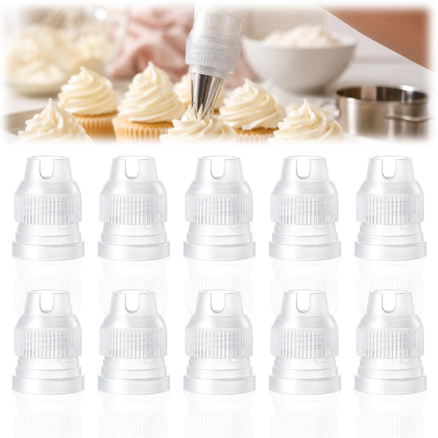 Spritztülle verziert Cupcakes mit weißer Glasur; unten sind mehrere weiße Kunststoff-Spritztüllen in einem Raster angeordnet, die das verwendete und verkaufte Produkt zeigen.