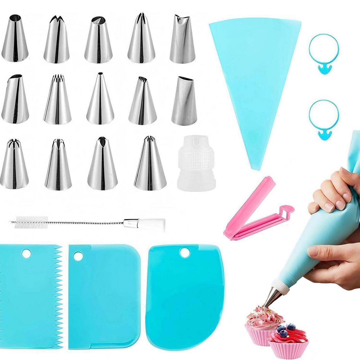 Dekorationsset mit Metallspritztüllen, Kunststoffkupplungen, Beuteln und Spachteln; Hände spritzen Zuckerguss mit einer Spritztüte auf einen Cupcake.