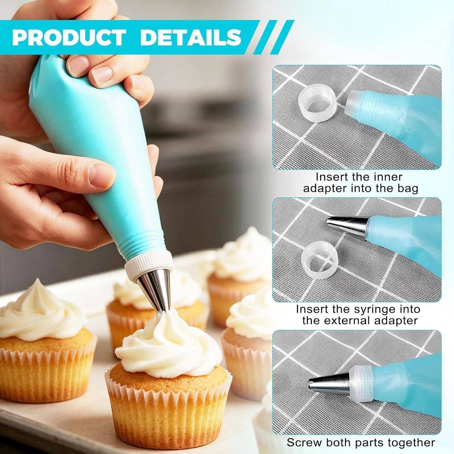 Cupcake-Spritzbeutel-Produktdetails, die einen Spritzbeutel mit austauschbaren Adaptern und Düse zeigen; Anleitung zeigt, wie die Spitze montiert wird.