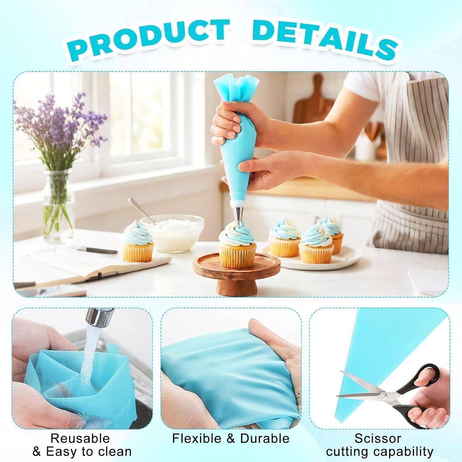 Produktdetail-Grafik zum Spritzen von Zuckerguss auf Cupcakes, mit Nahaufnahmen einer wiederverwendbaren, leicht zu reinigenden Spritzbeutel, flexiblem, strapazierfähigem Material und mit einer Schere schneidbarer Spitze.