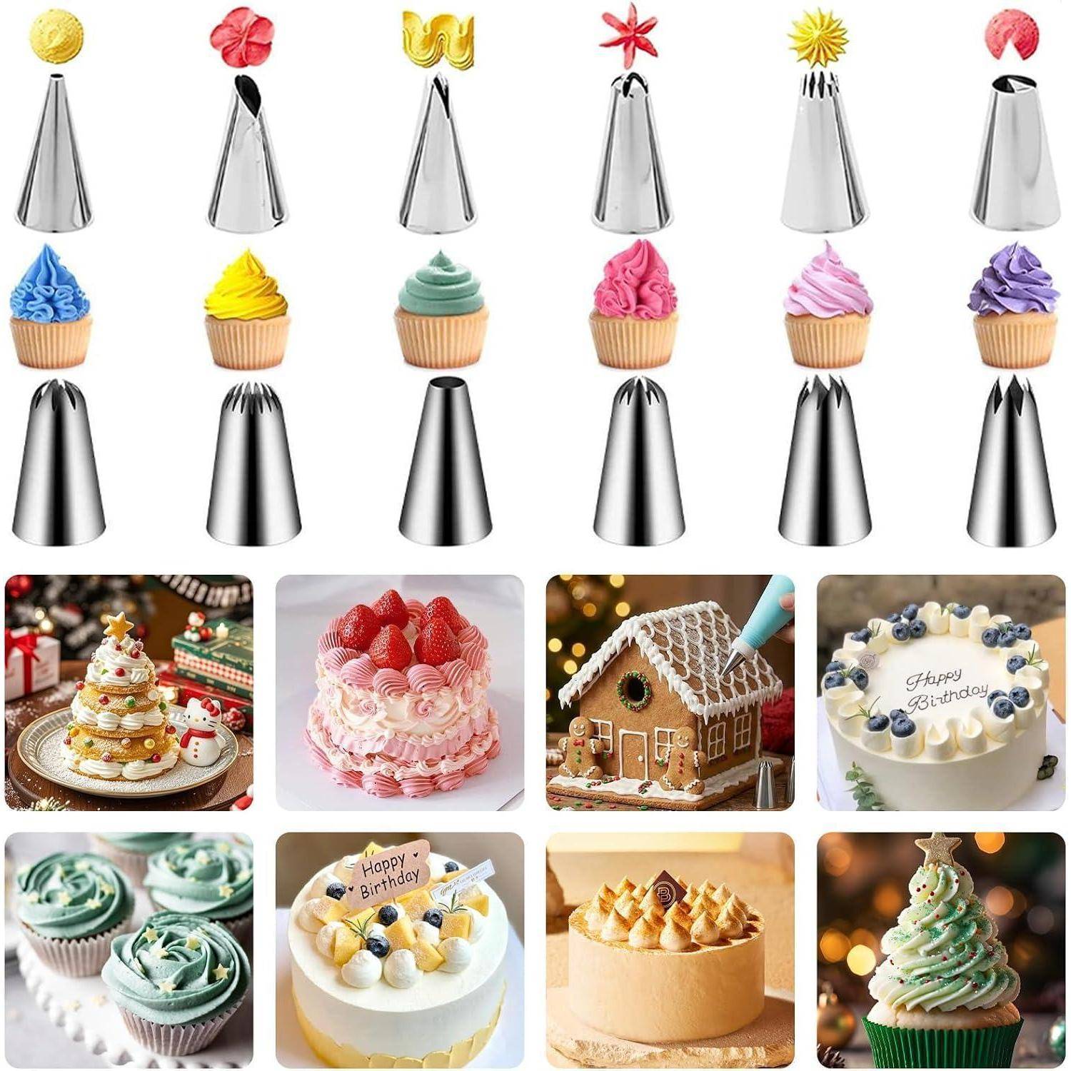 Collage mit 6 Spritzbeutel-Aufsätzen mit entsprechenden Zuckerguss-Mustern und 8 dekorierten Torten und Cupcakes für verschiedene Frosting-Designs und Geburtstagsthemen.