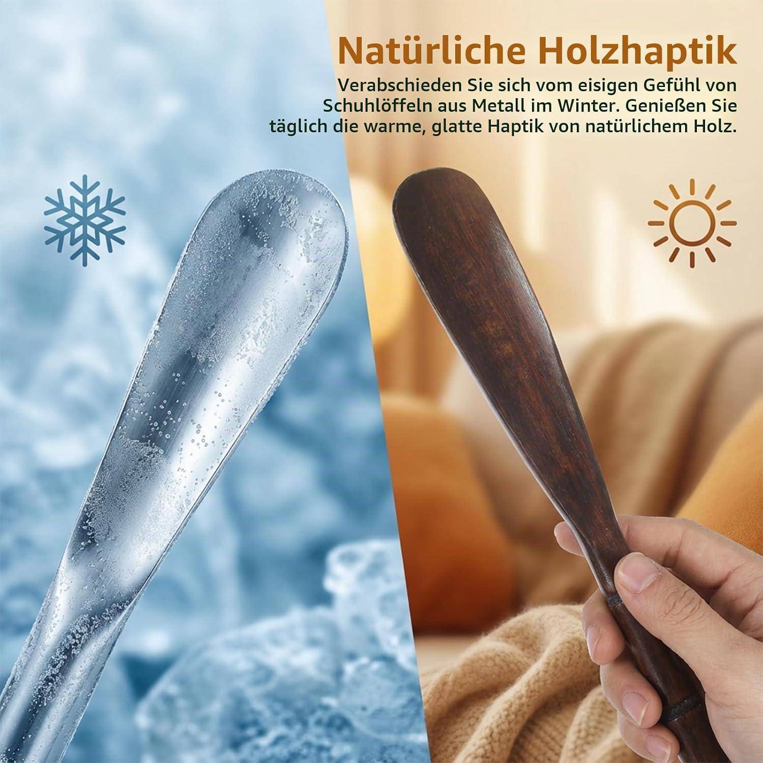 Geteiltes Bild, das einen kalten, gefrosteten Metalllöffel mit einem warmen Holzlöffel vergleicht, wobei 