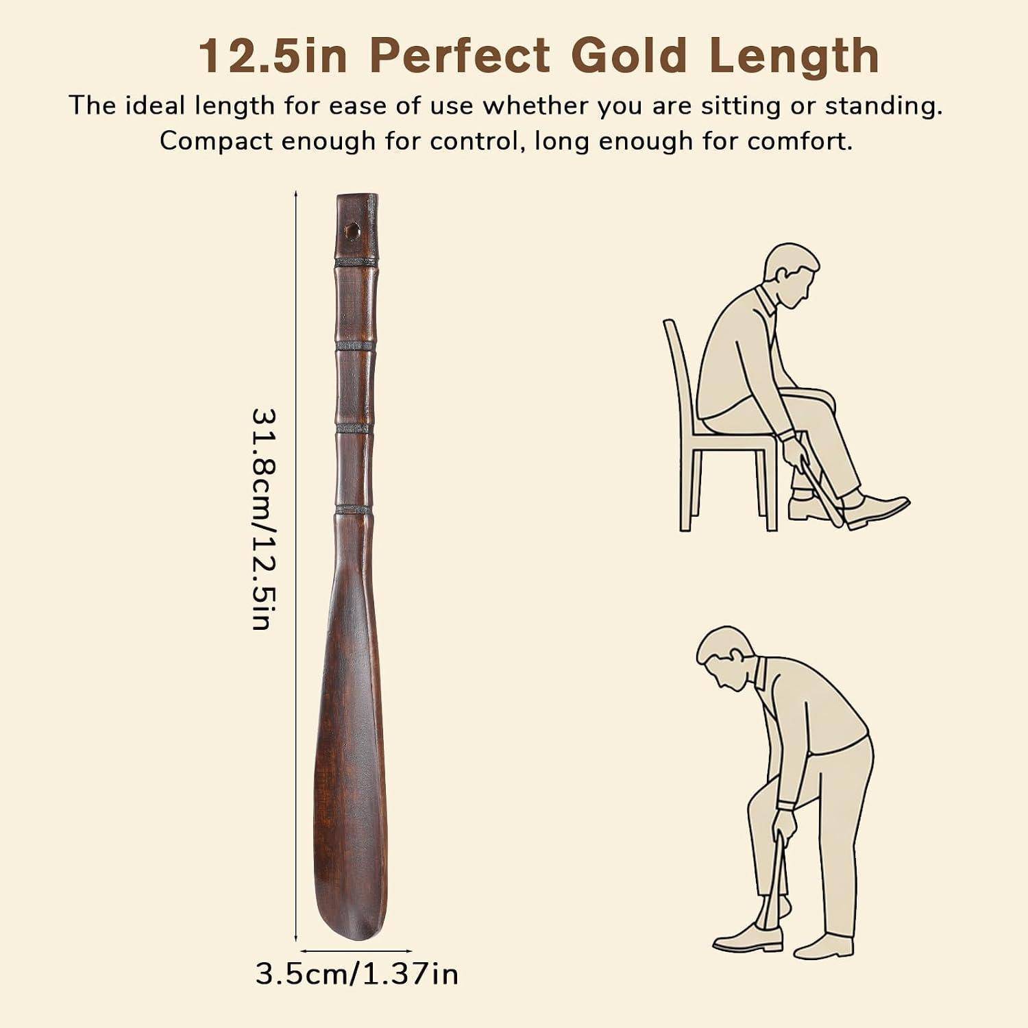 Diagramm, das einen 12,5-Zoll langen goldenen Schuhlöffel zeigt, mit einer Länge von 31,8 cm und einer Breite von 3,5 cm, zur Veranschaulichung der Verwendung im Sitzen oder Stehen.