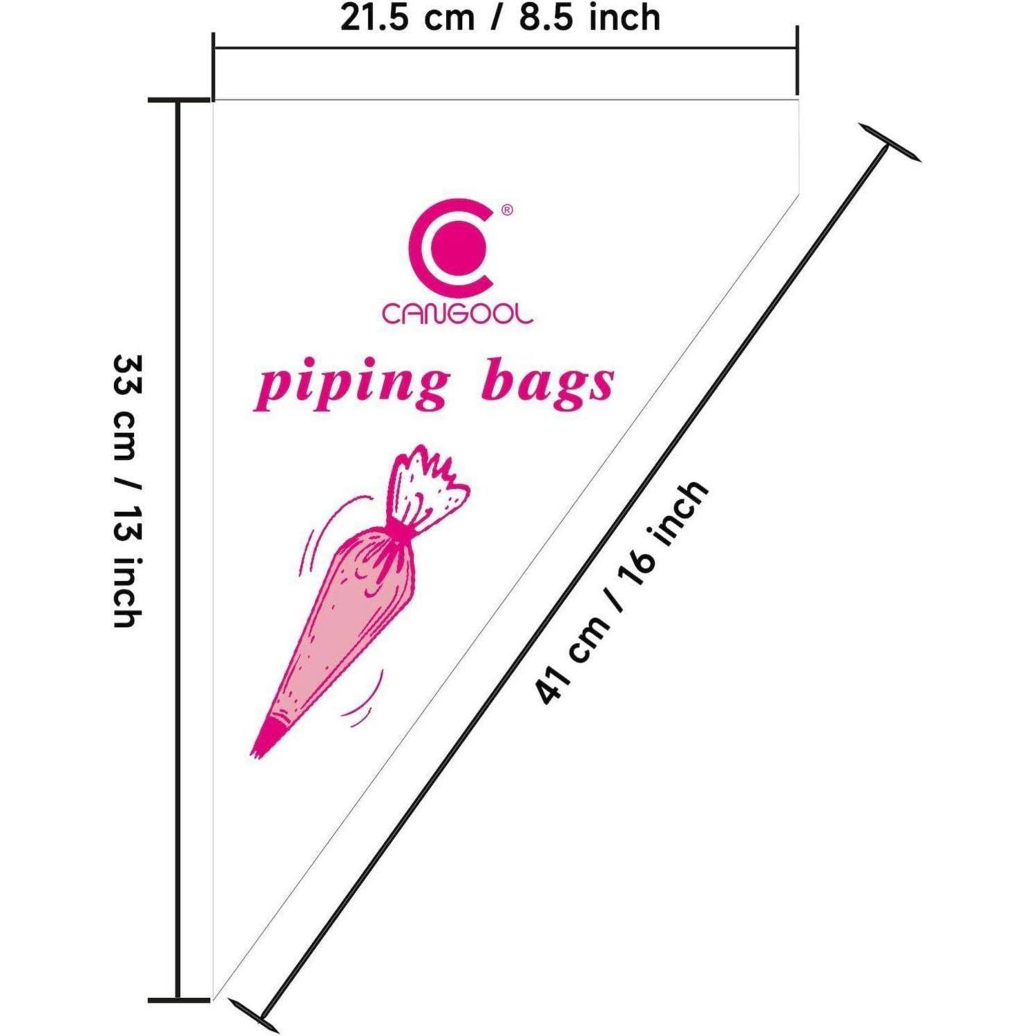 Diagramm einer Spritzbeutel mit Abmessungen: 21,5 cm breit, 33 cm hoch und 41 cm diagonal, gekennzeichnet mit „CANGOOL Spritzbeutel