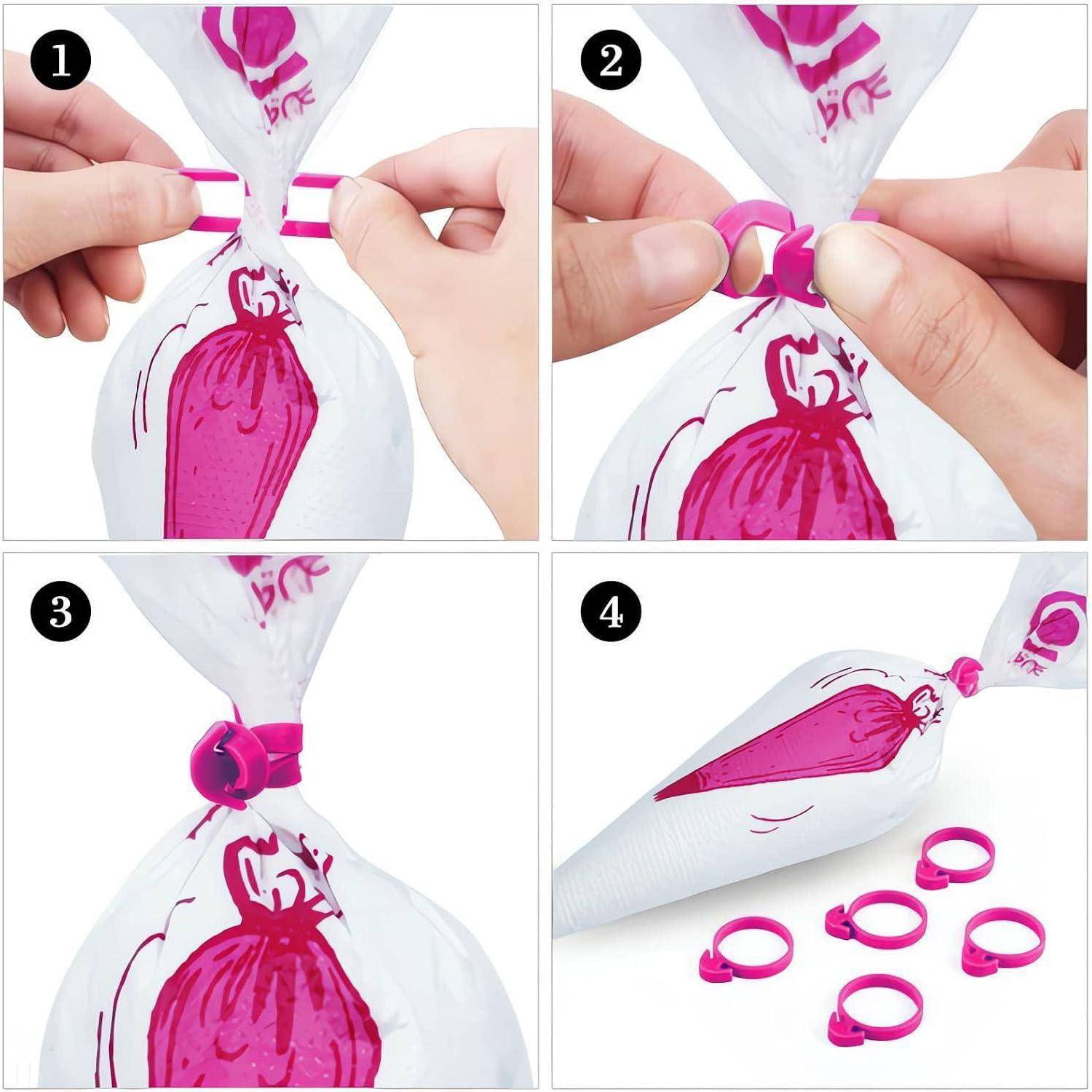 Vier-Schritte-Fotodiagramm, das Hände zeigt, die eine rosa Plastiktüte mit einem wiederverwendbaren Clip-Ring binden, um sie zu versiegeln; fertige Tasche und zusätzliche Clips werden angezeigt.
