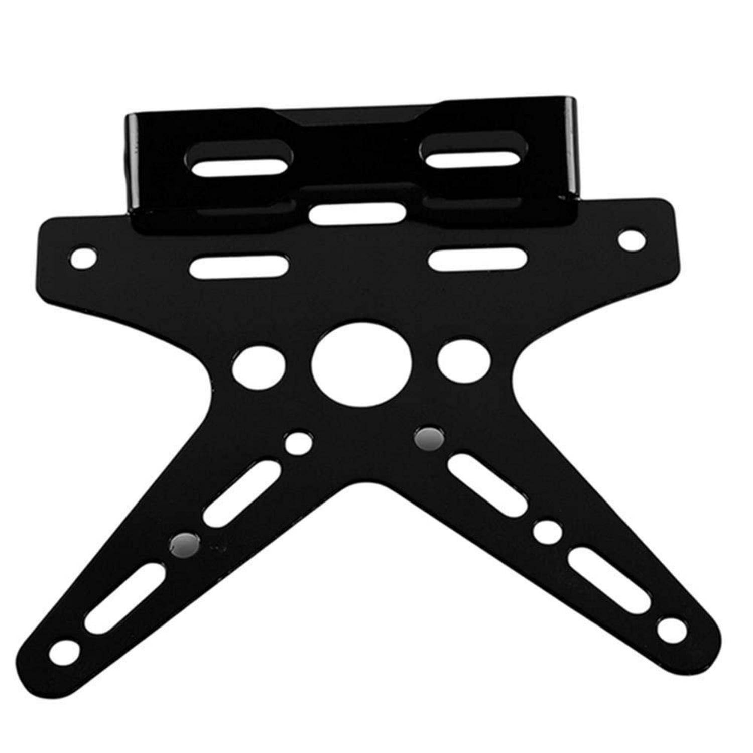 Schwarze Metall-Wandhalterung mit mehreren Schlitzen und Löchern, in Form eines breiten X, auf weißem Hintergrund gezeigt.