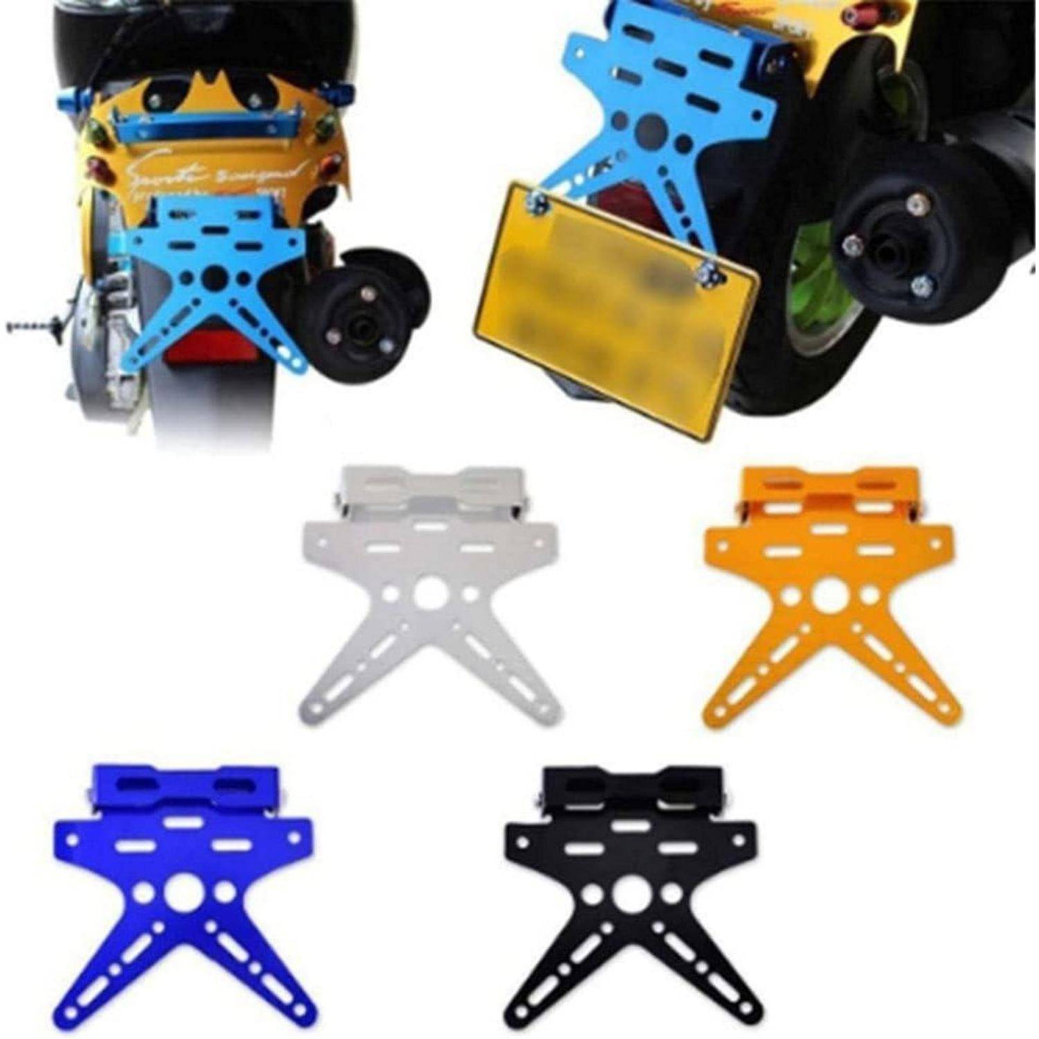 Motorradkennzeichenhalter, der auf der Rückseite eines Motorrads gezeigt wird, mit mehreren Farboptionen, die unten angezeigt werden: silber, orange, blau und schwarz.