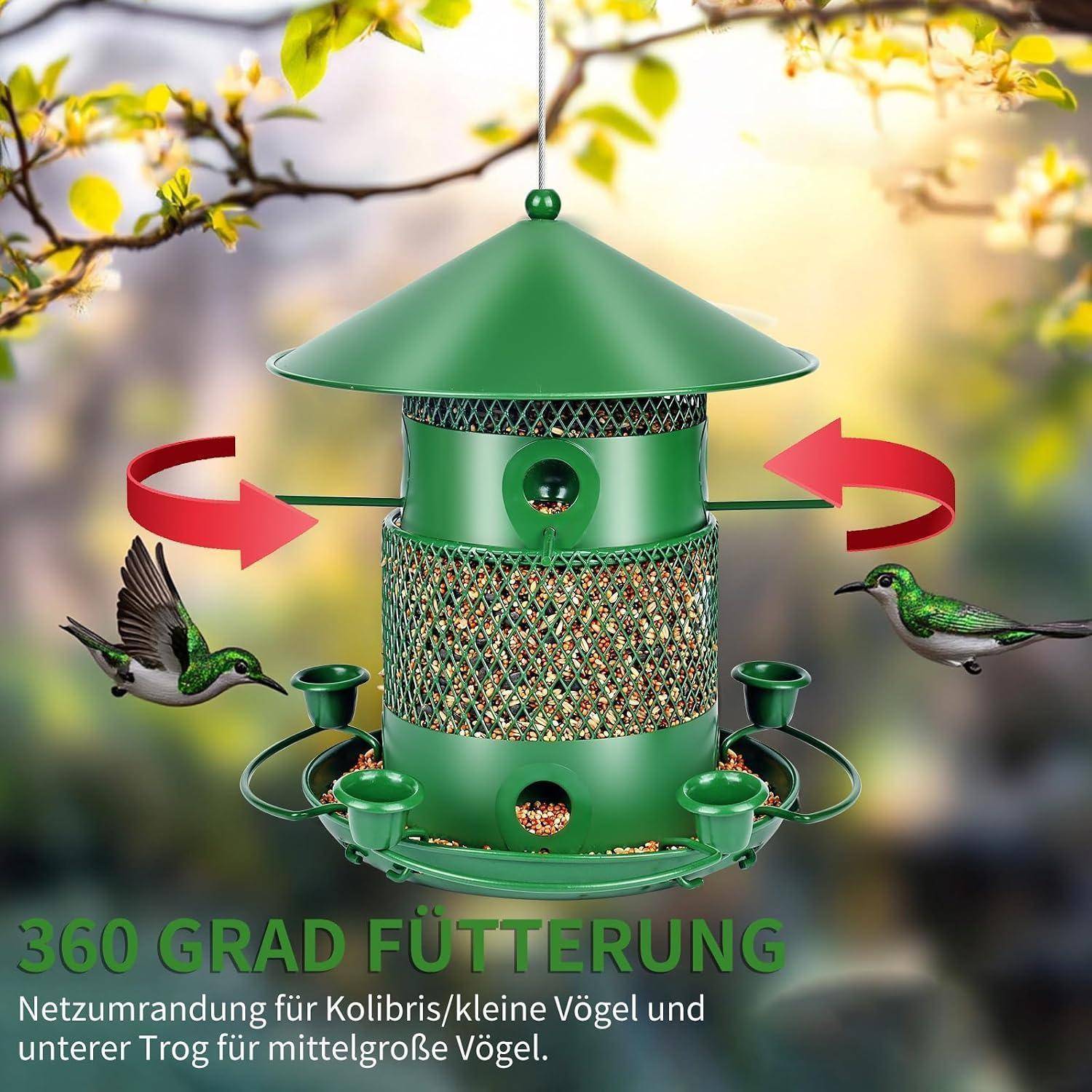 Grüner 360-Grad-Vogelfutterautomat mit Samenschale und roten Pfeilen, die die Rotation zeigen, mit Kolibris und deutschem Text „360 GRAD FÜTTERUNG