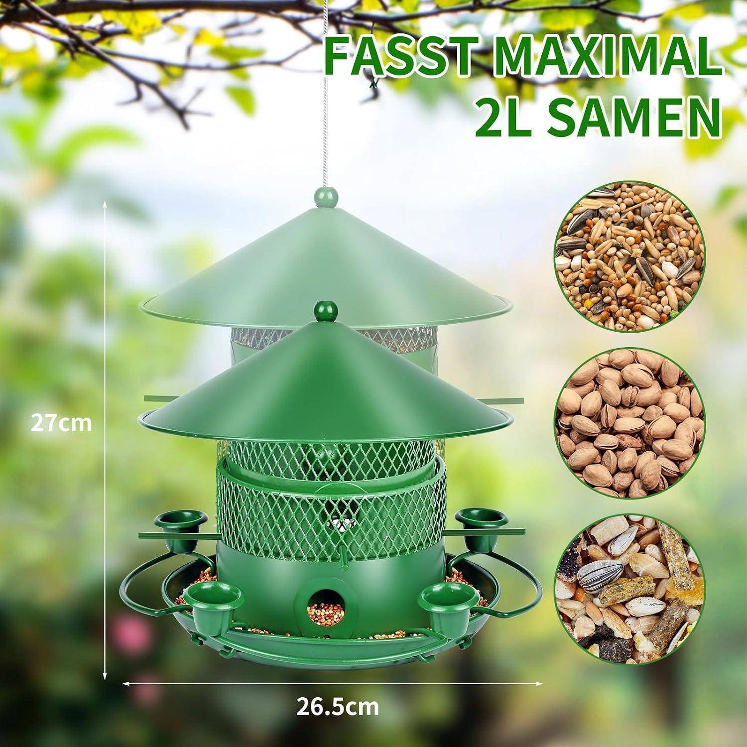 Grüner hängender Vogelfutterhaus mit Dach und Samenschale, beschriftet mit „FASST MAXIMAL 2L SAMEN