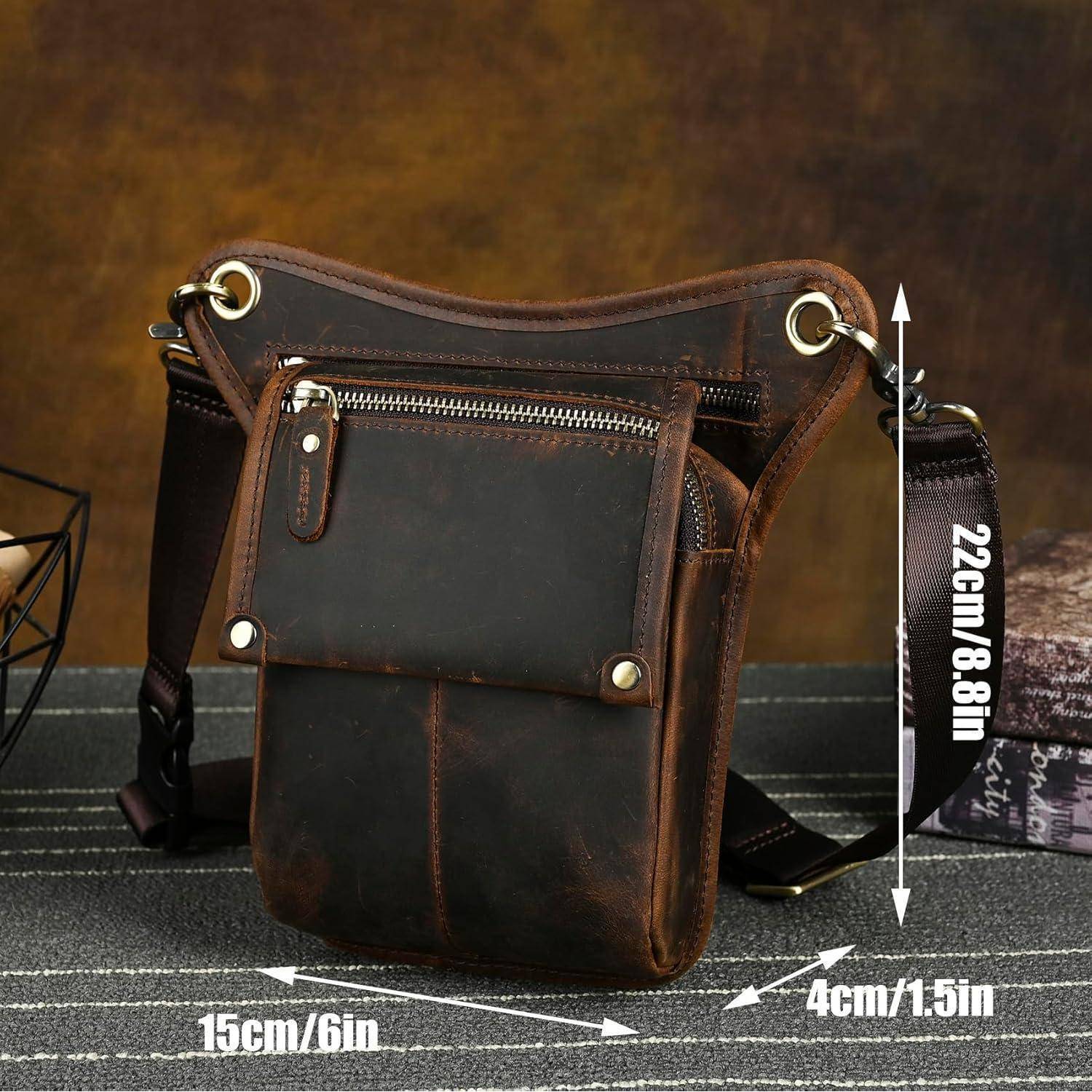 Dunkelbraune Ledertasche mit Schultergurt und vorderer Reißverschlusstasche, gezeigt mit den Abmessungen 22 cm x 8,8 Zoll hoch, 15 cm x 6 Zoll breit und 4 cm x 1,5 Zoll tief.