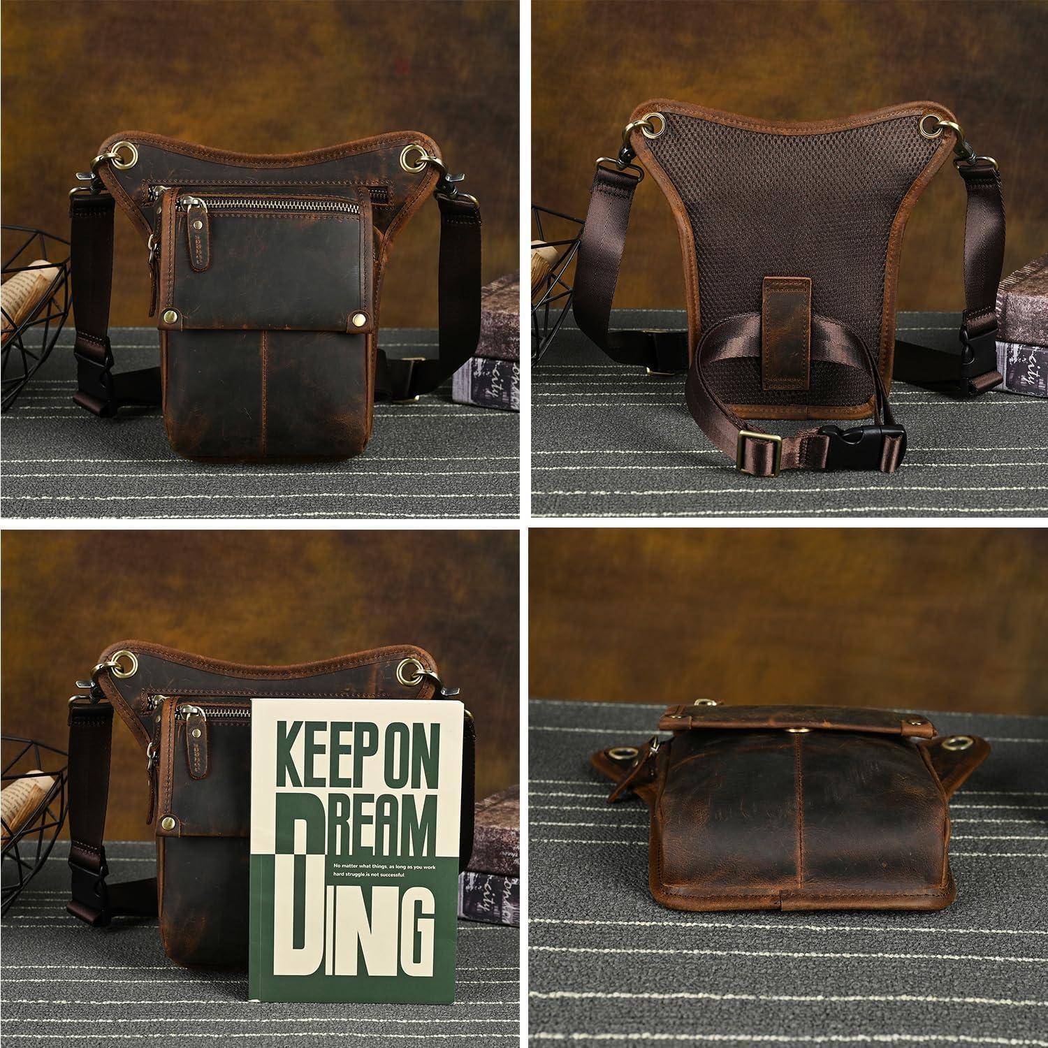 Collage zeigt eine braune Ledertasche mit Schultergurt von vorne, hinten, von der Seite und von oben, mit verstellbarem Riemen und Vordertasche mit Klappe; eine Ansicht zeigt ein Schild mit der Aufschrift „KEEP ON DREAMING".