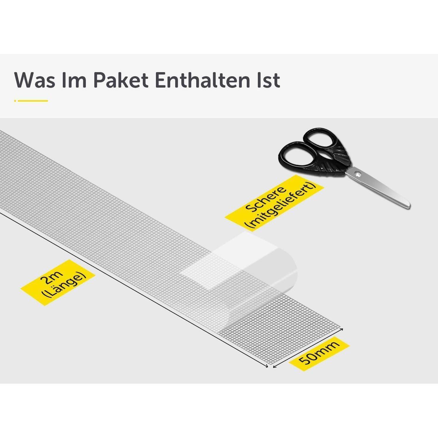 Diagramm mit dem Inhalt eines Pakets: 2 m langer, 50 mm breiter Streifen und Schere mit der Beschriftung „Schere (mitgeliefert)