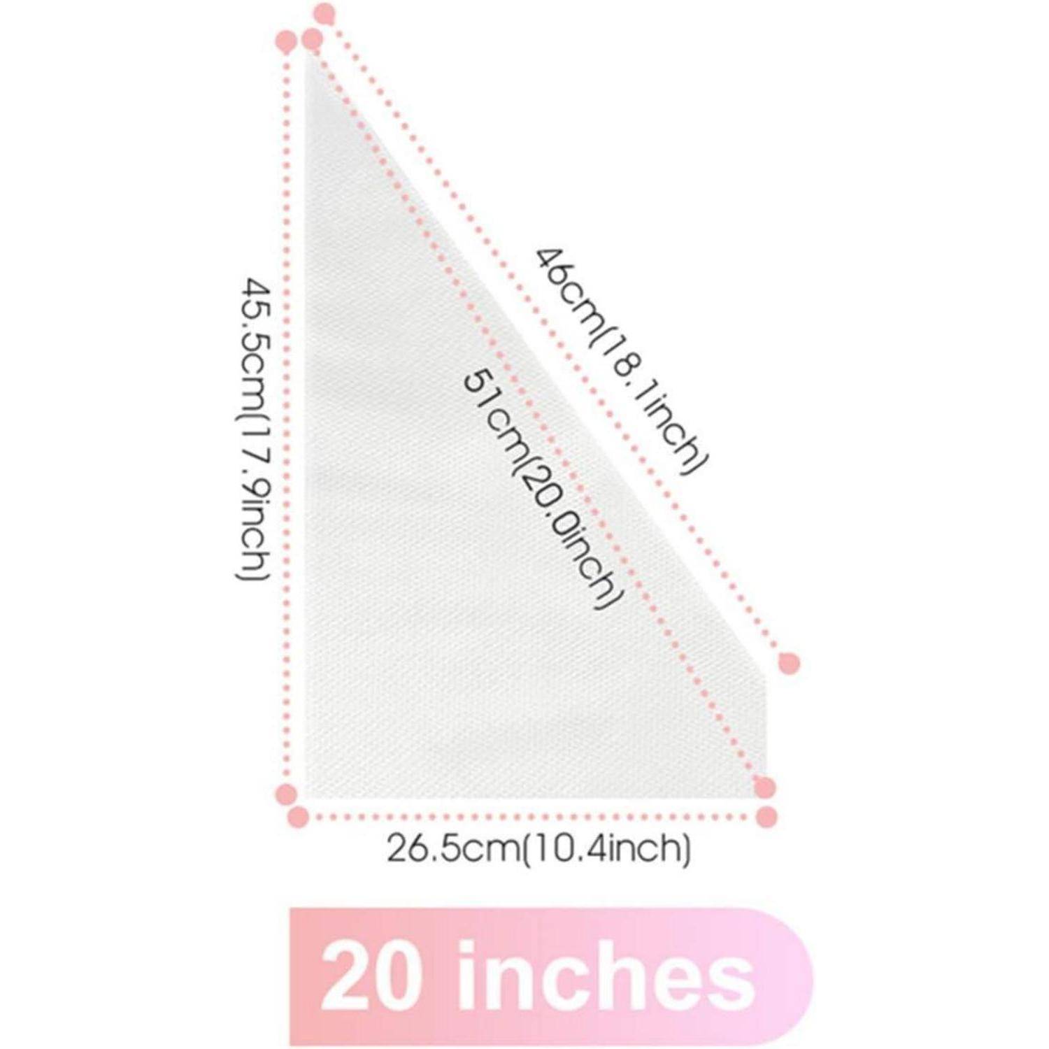 Dreieckige Stoffschablone mit gepunkteten Schnittlinien und beschrifteten Abmessungen 45,5 cm, 46 cm, 51 cm und 26,5 cm; gekennzeichnet mit „20 inches
