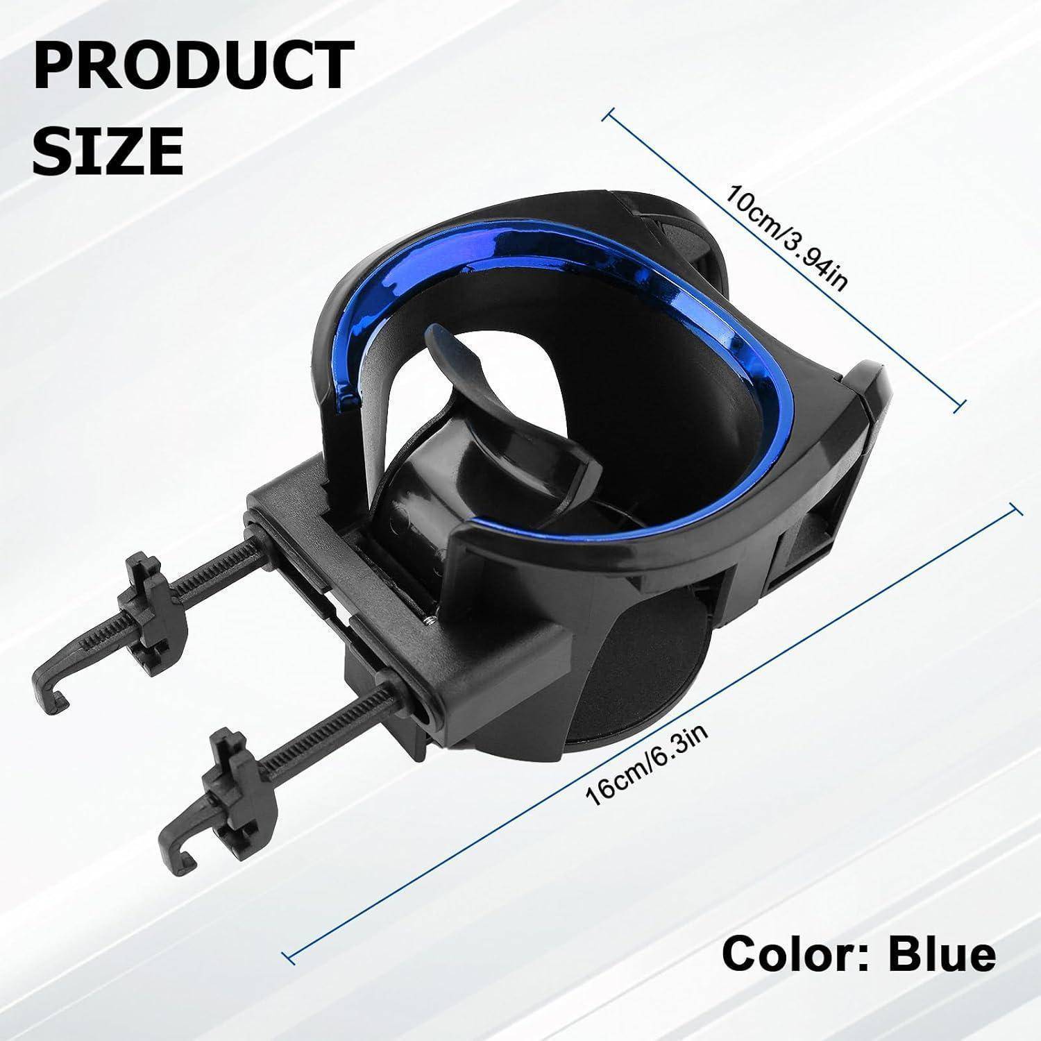 Produktgrößendiagramm eines schwarz-blauen Becherhalter-Clips mit den Abmessungen 10 cm x 16 cm und der Bezeichnung „Farbe: Blau
