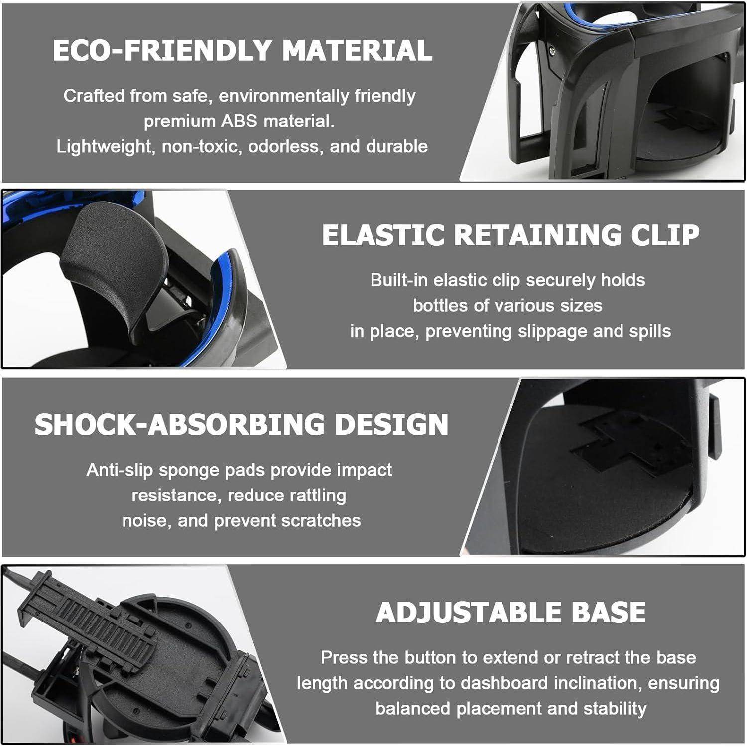 Infografik eines Autobecherhalters mit umweltfreundlichem ABS-Material, elastischem Halteclip, stoßdämpfenden Pads und einer verstellbaren Basis für Stabilität.